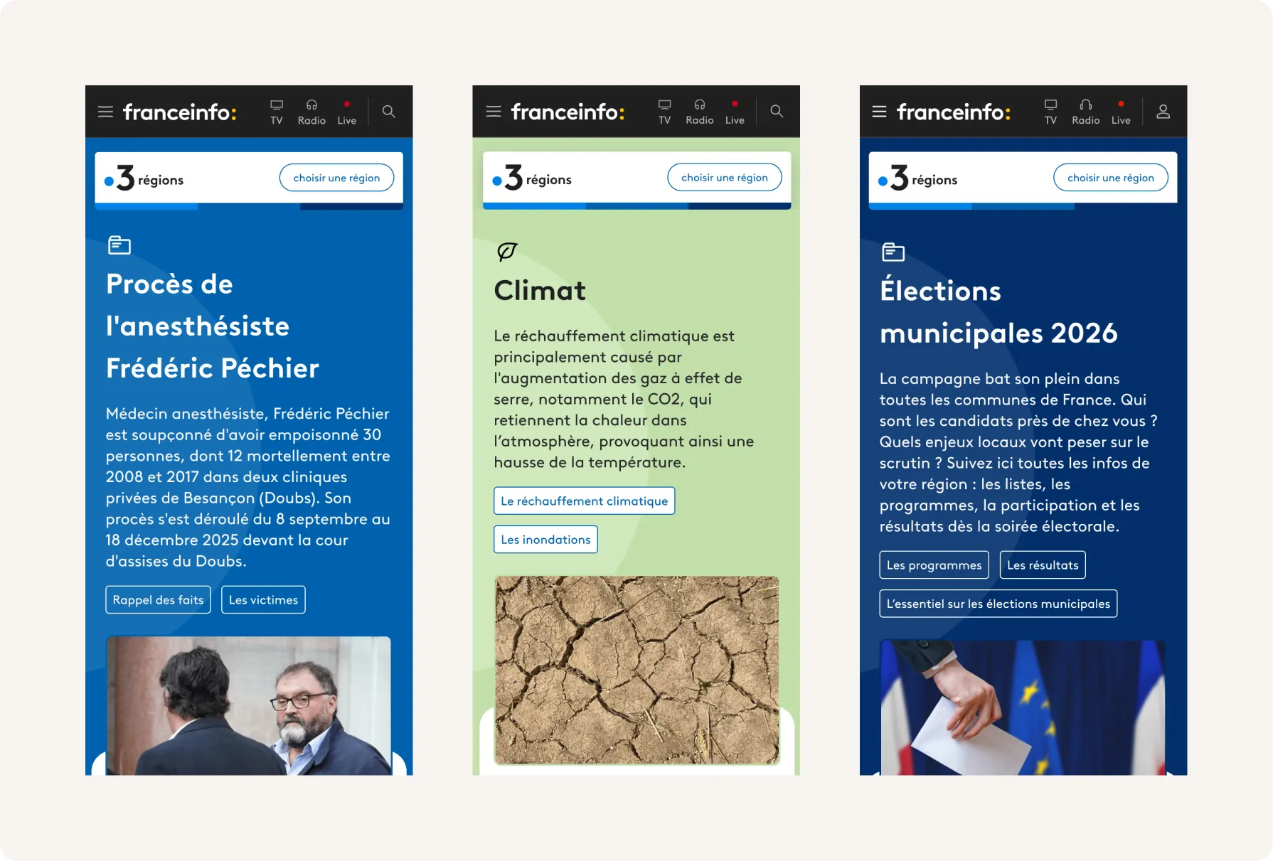 Trois pages hub thématiques : procès judiciaire, climat et élections municipales 2026