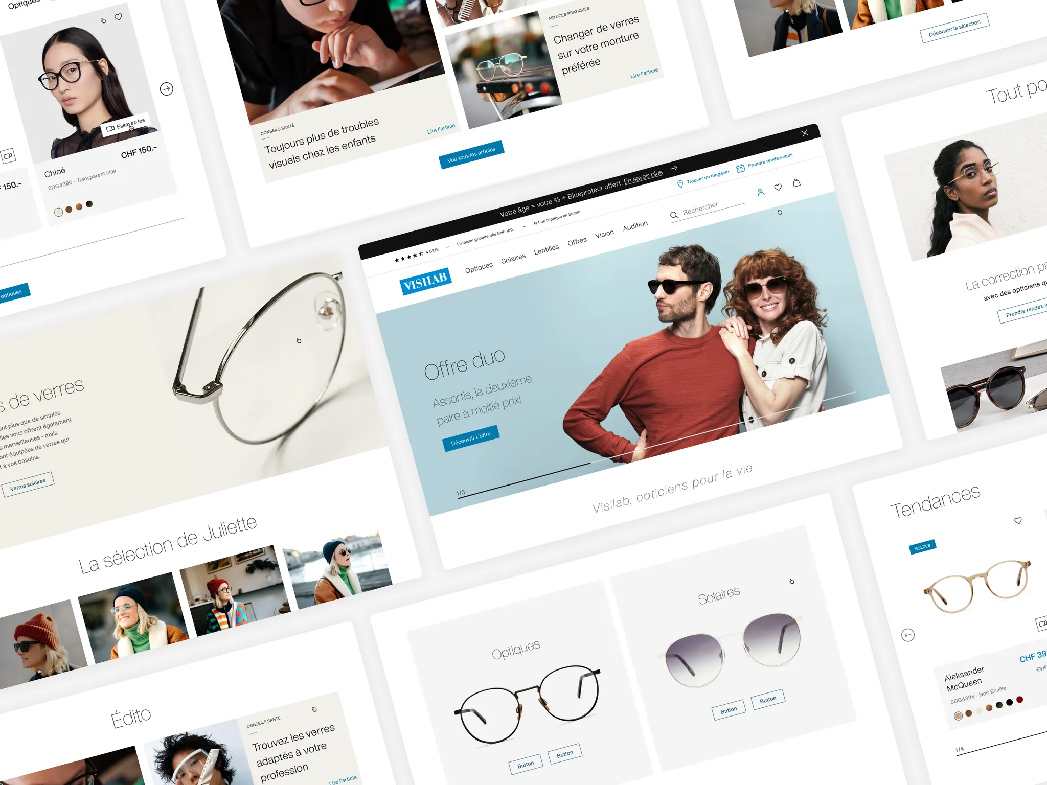 Collage de pages du site : accueil, articles conseils, listing produits et fiches lunettes