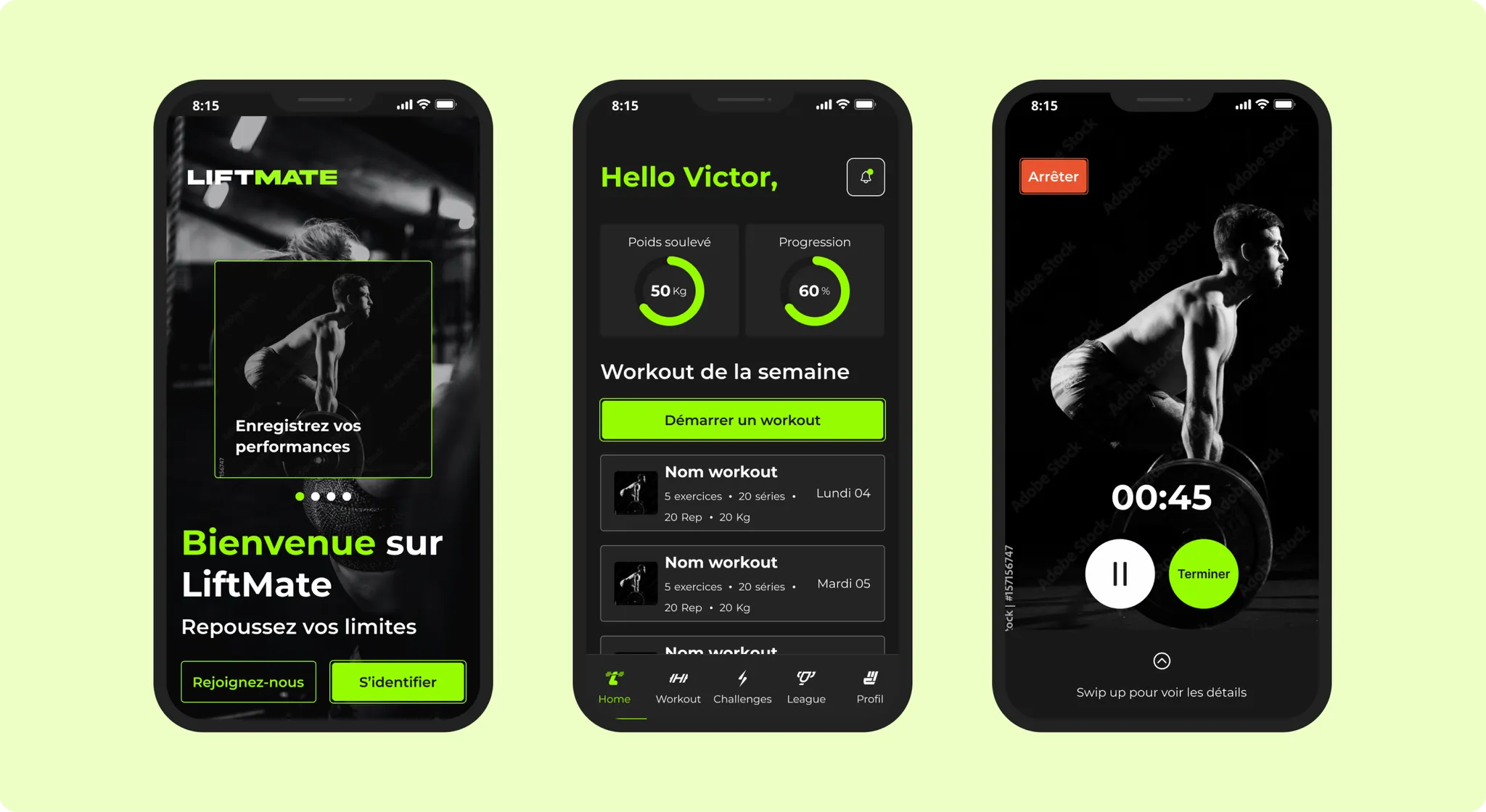 Trois écrans mobiles : onboarding d'accueil, tableau de bord des performances et minuteur pendant une séance