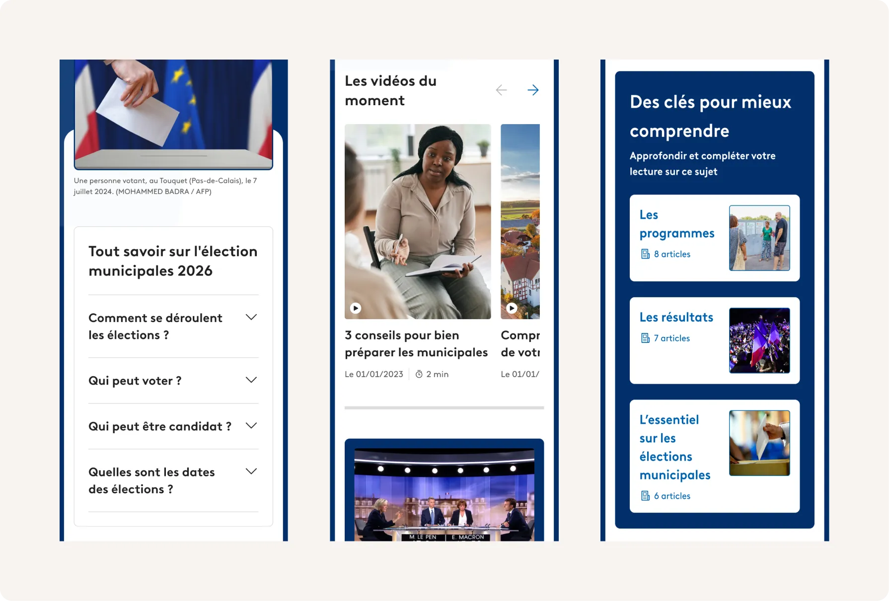 Article avec légende photo, FAQ dépliable sur l'élection et widget vidéos du moment