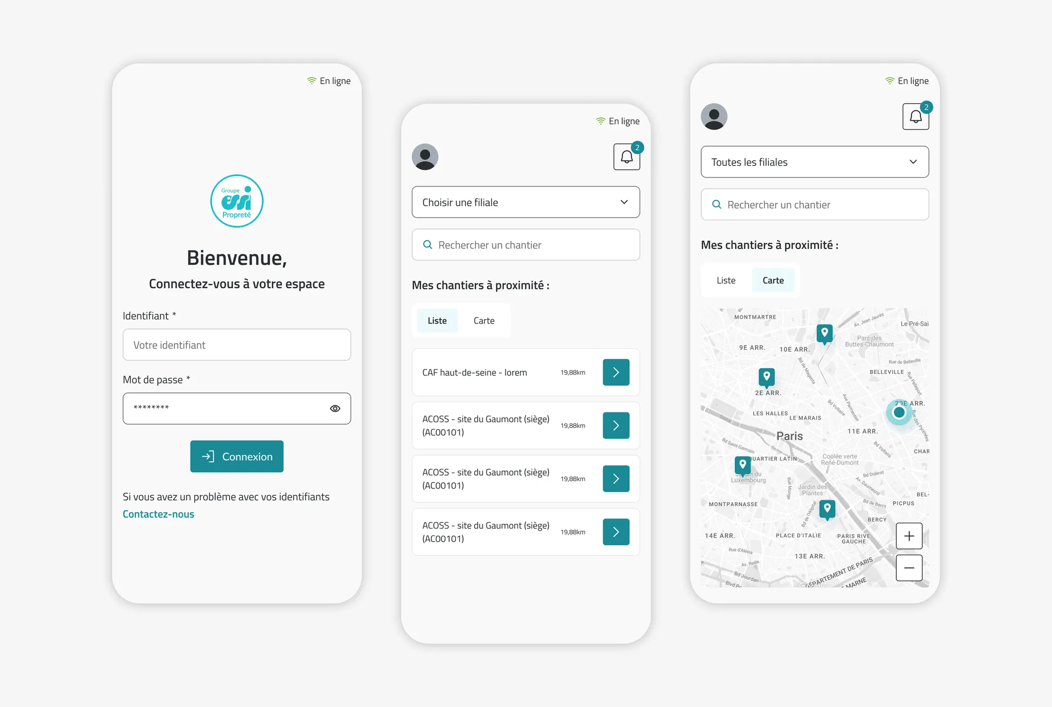 Connexion, recherche de chantier par filiale et carte des chantiers à proximité