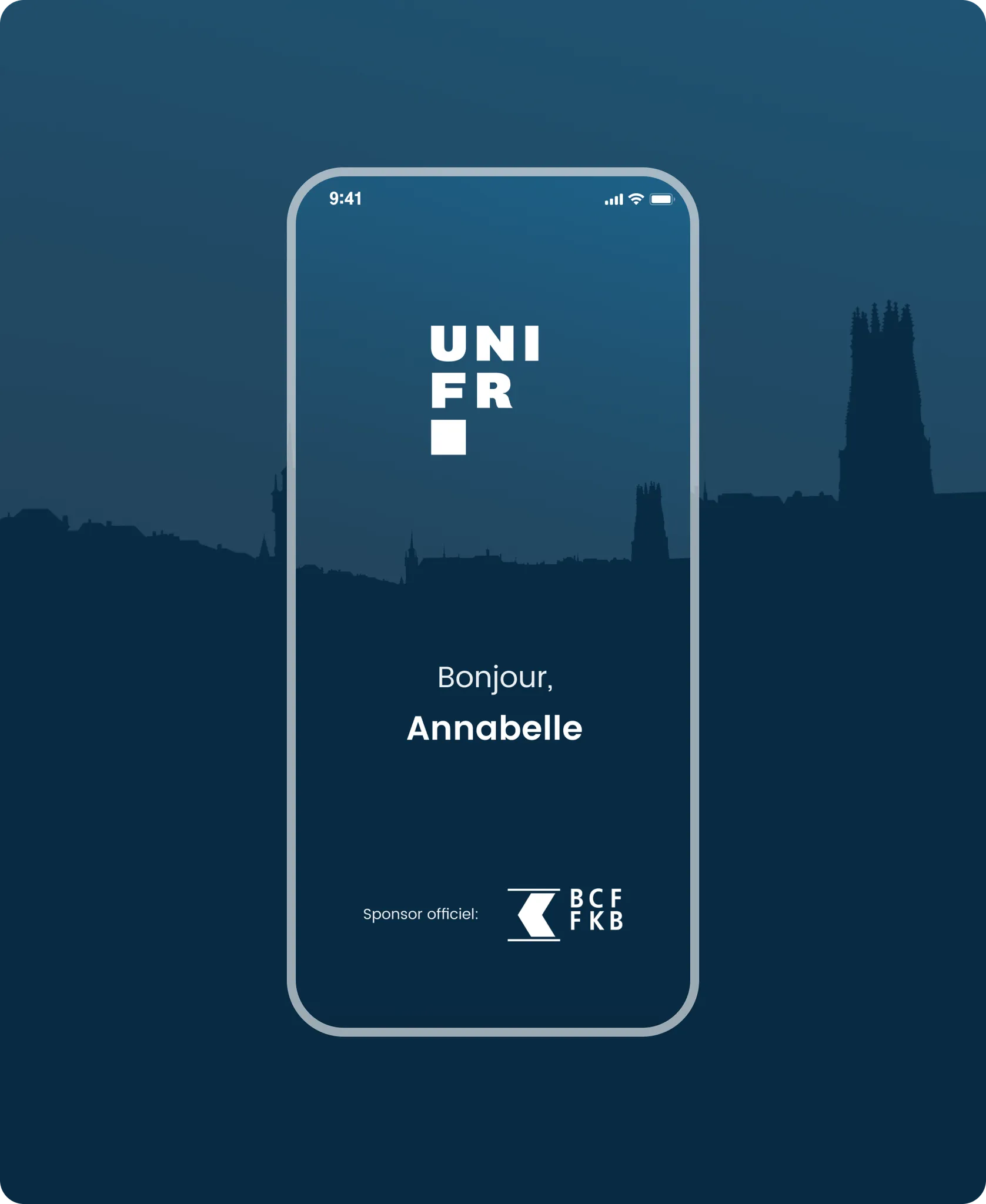 Écran de démarrage avec message de bienvenue personnalisé, sur fond de silhouette de la ville de Fribourg