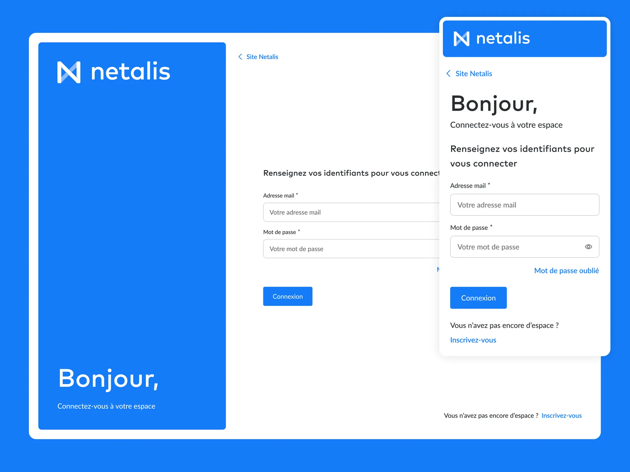 Écrans de connexion desktop et mobile, avec formulaire d'identifiants