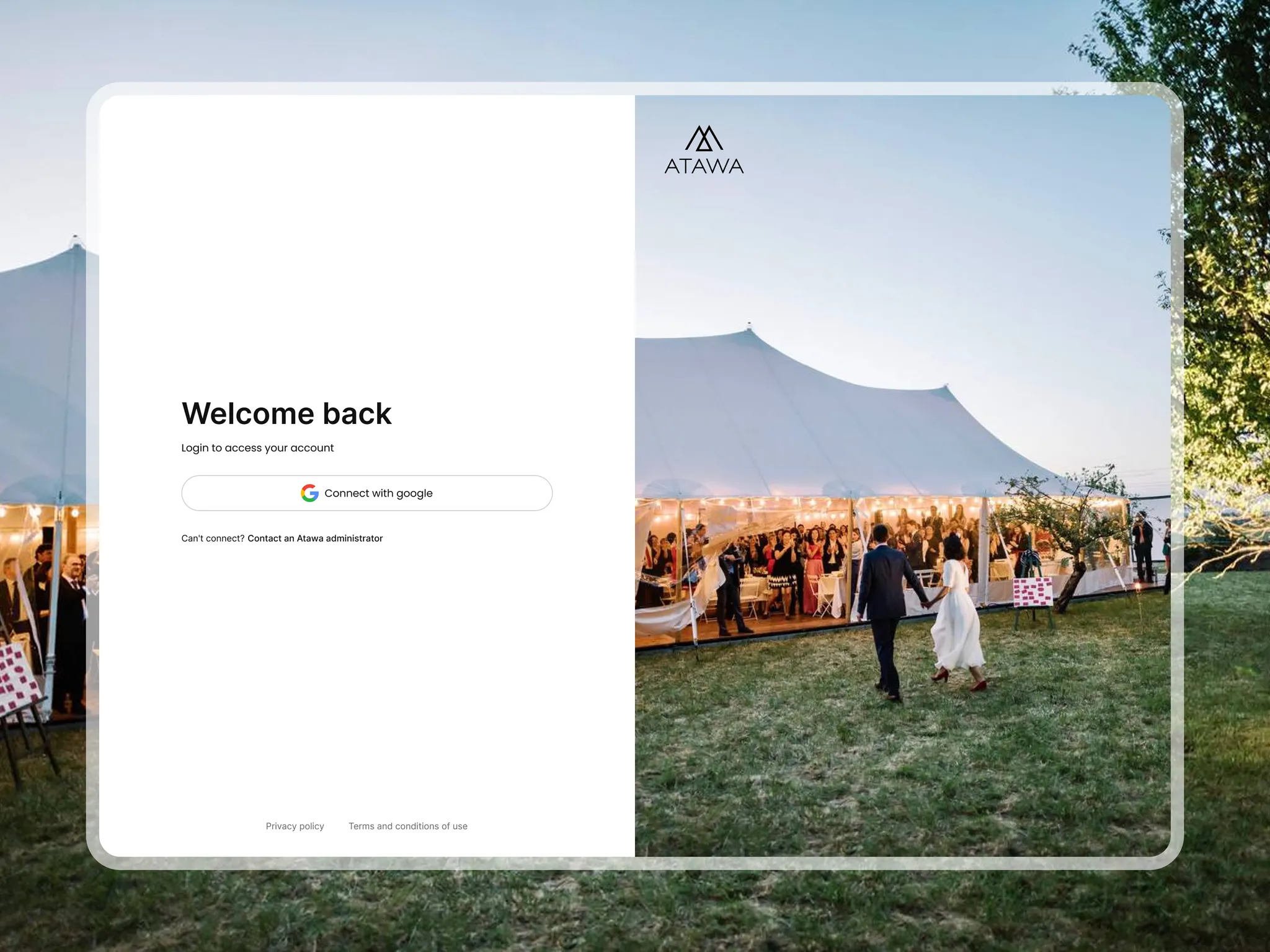 Écran de connexion avec authentification Google, sur fond d'une photo de réception sous tente