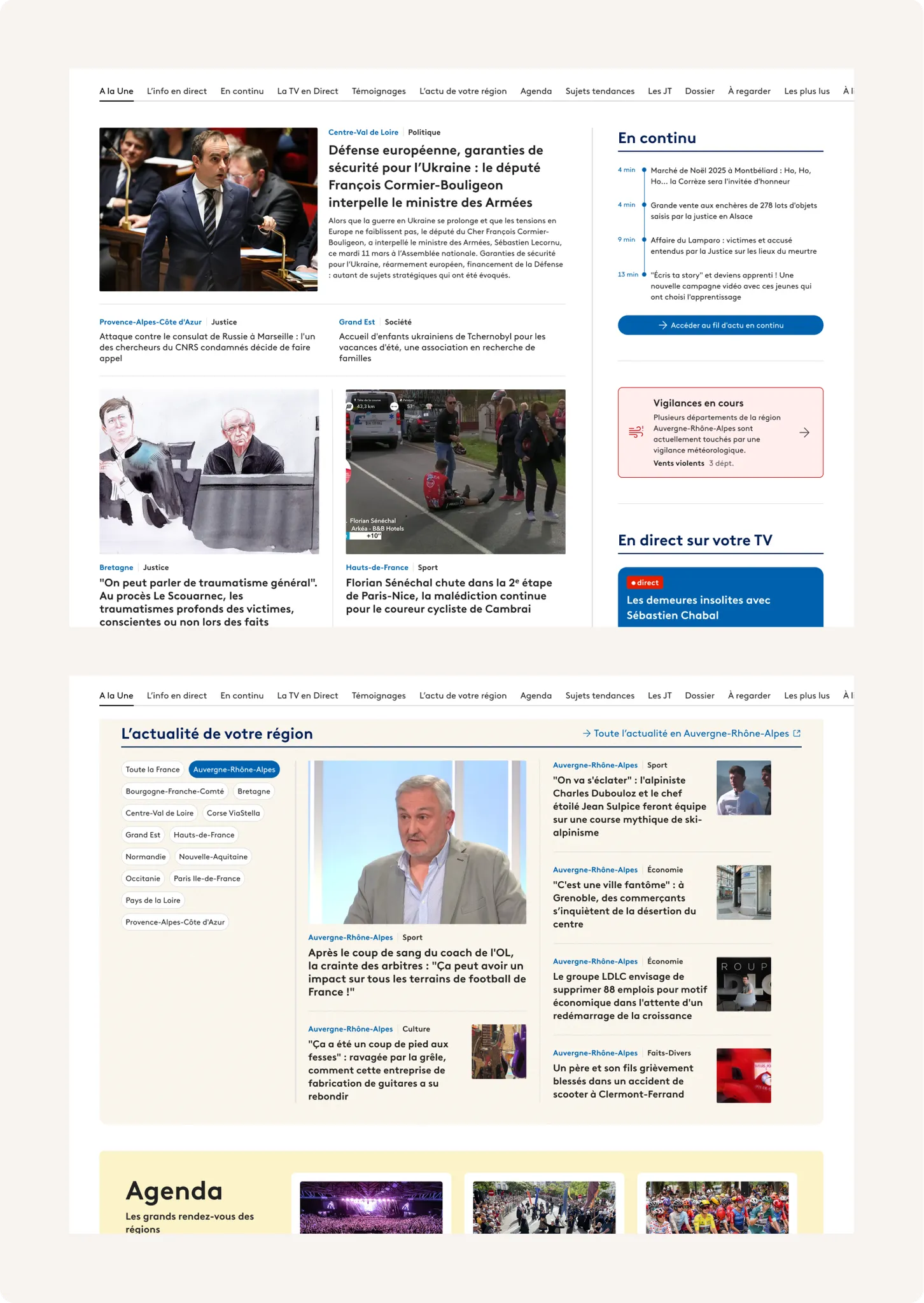 Haut de la page d'accueil : article à la une, fil "En continu", alerte vigilance et actualité régionale par tags de région