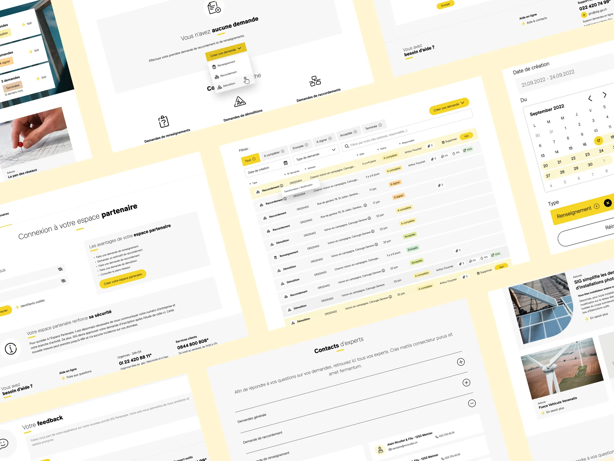 Collage d'écrans : gestion des demandes, filtres, calendrier, connexion et contacts d'experts
