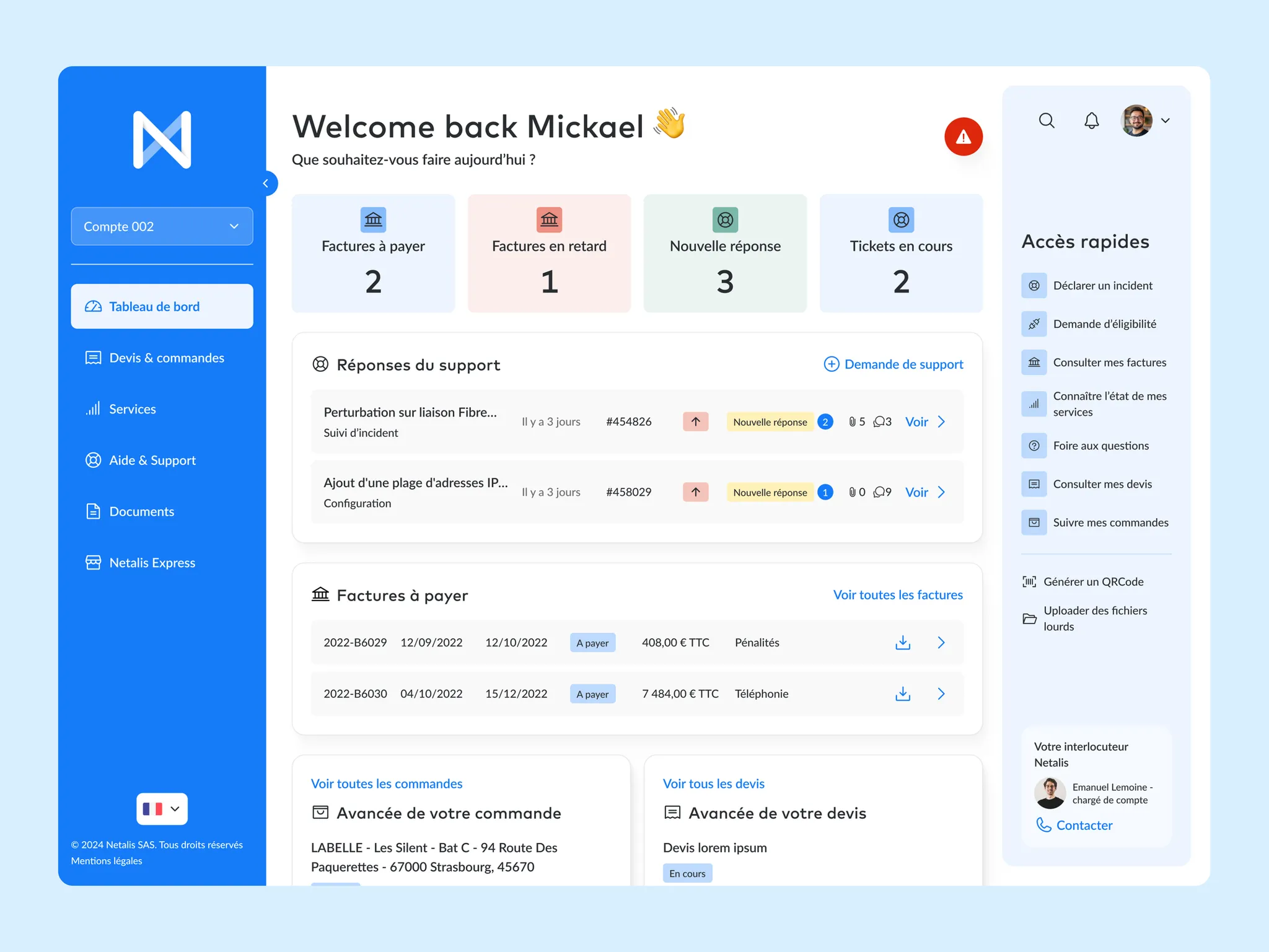 Tableau de bord avec factures à payer, tickets en cours et réponses du support