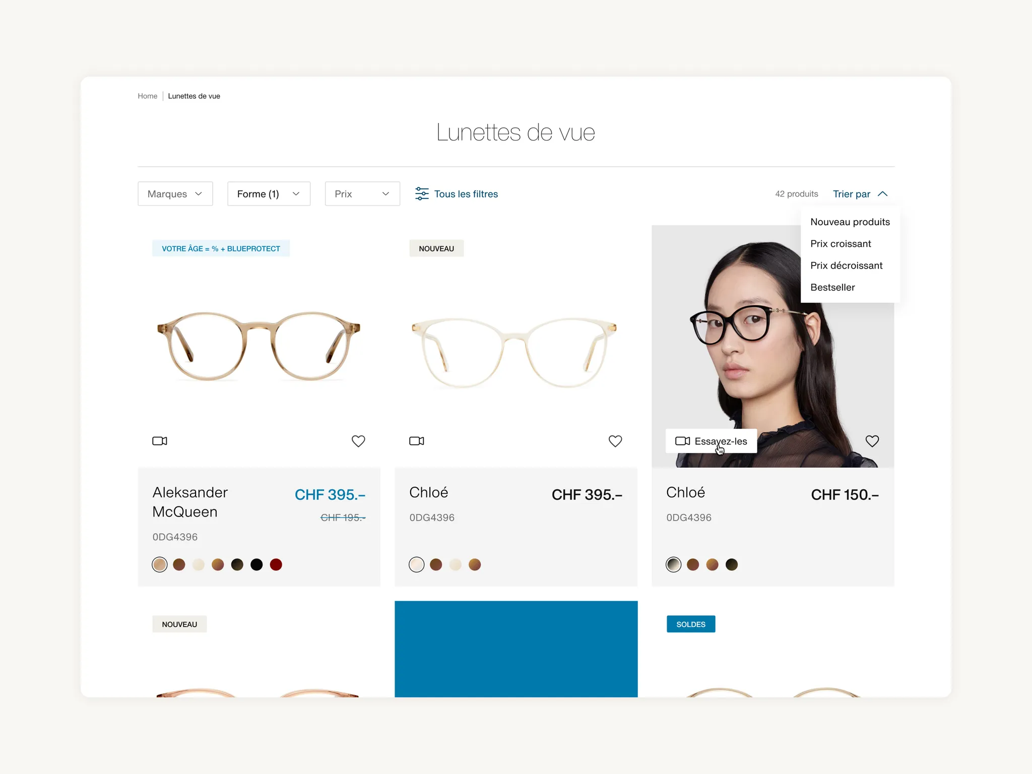 Listing des lunettes de vue avec filtres, tri et badge d'essayage virtuel