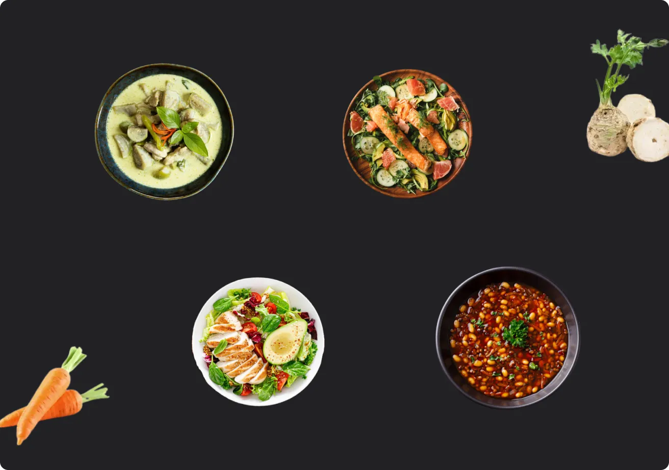 Planche d'inspiration culinaire : plats et légumes de saison photographiés