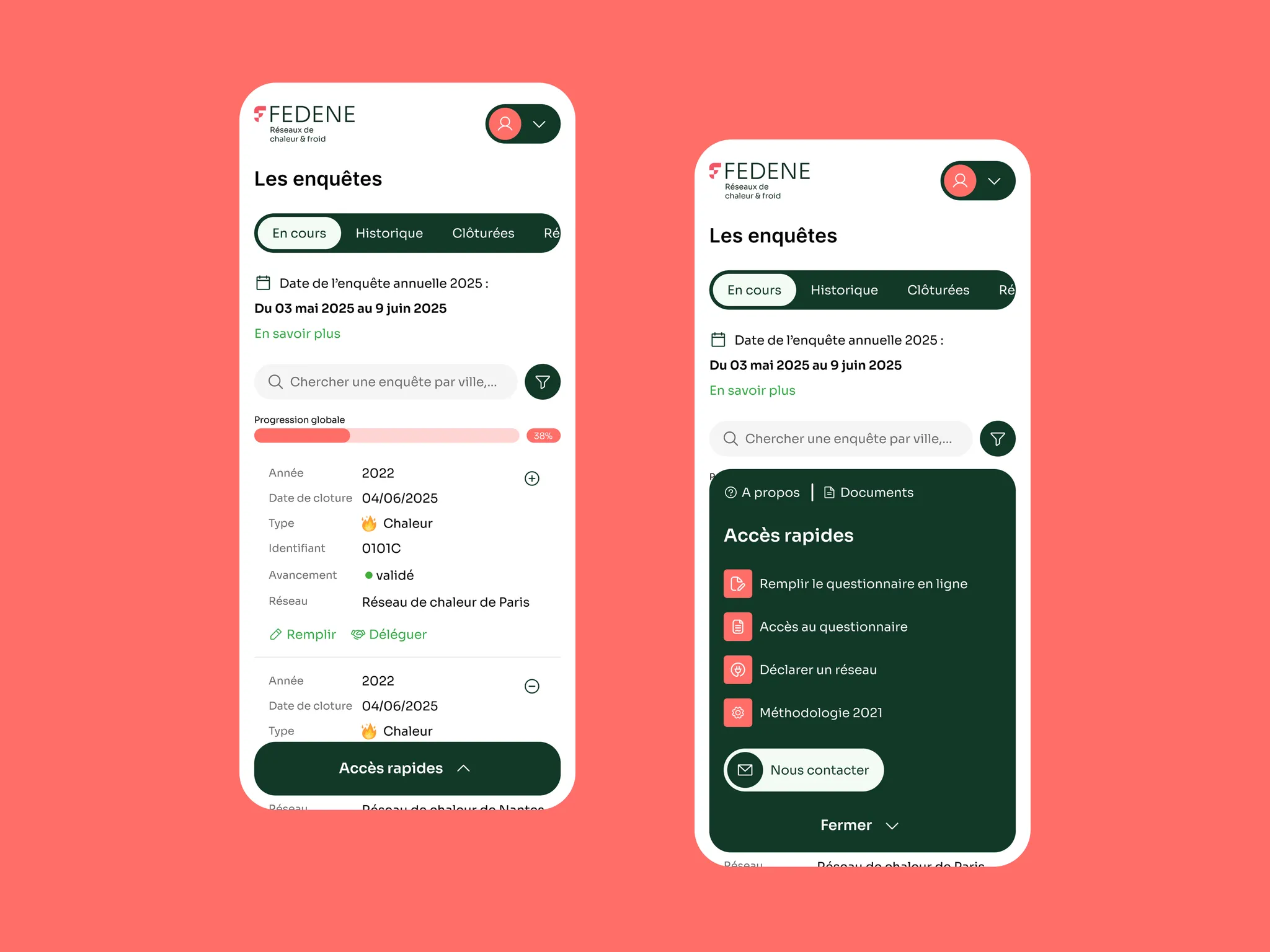 Version mobile de la liste des enquêtes et menu d'accès rapides déplié