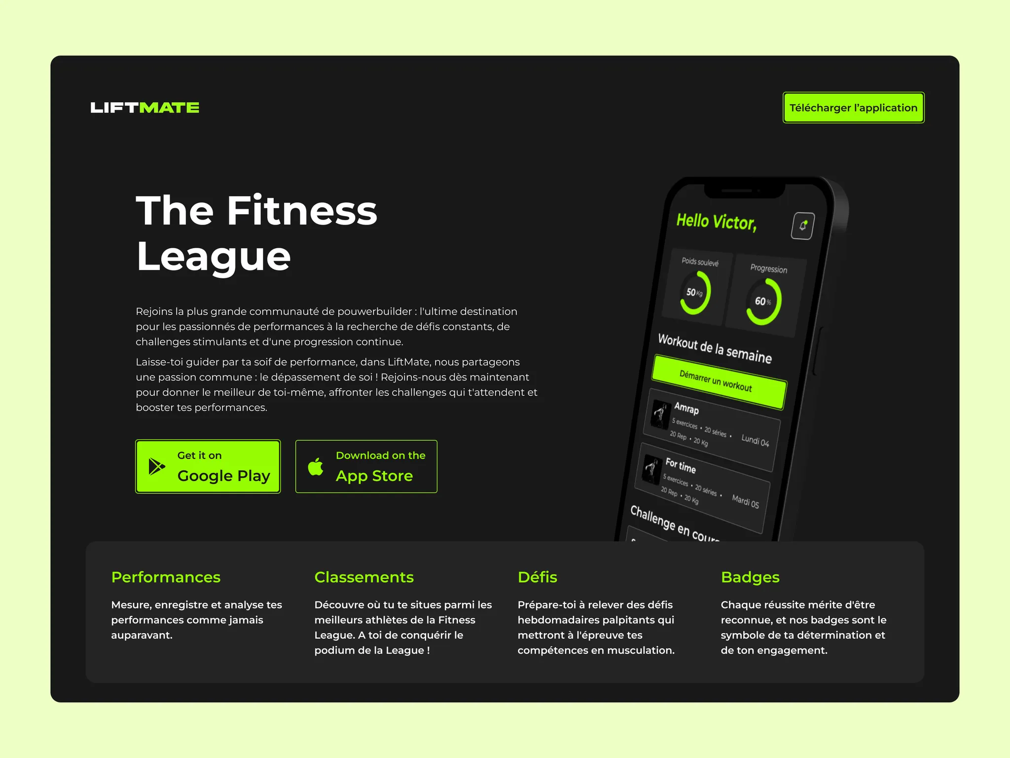 Page d'accueil desktop "The Fitness League" avec aperçu du tableau de bord et grille Performances / Classements / Défis / Badges