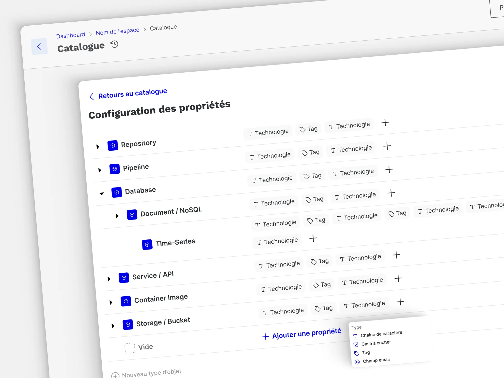Configuration des propriétés d'un type d'objet du catalogue (Repository, Pipeline, Database...)