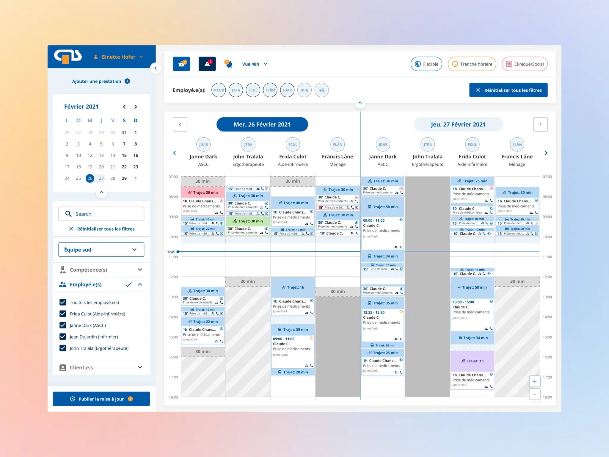 Planning des tournées sur 48h avec les interventions de chaque intervenant, par créneaux horaires