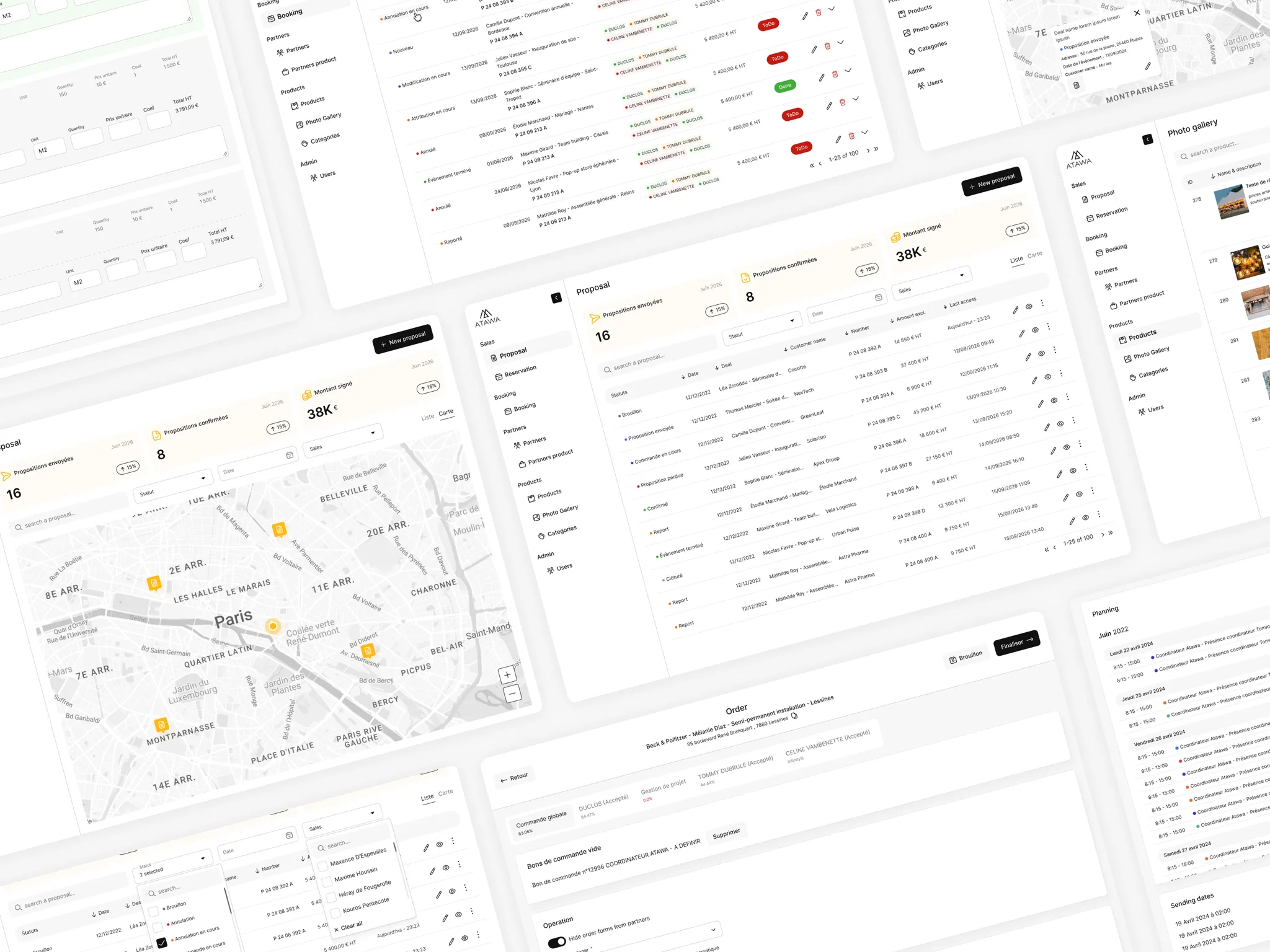 Écrans de gestion des réservations, formulaires de proposition, carte des lieux d'événements et galerie photo