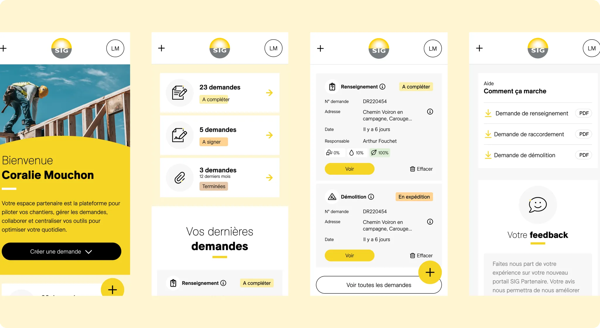 Quatre écrans mobiles : accueil, liste des demandes, détail d'une demande et page d'aide