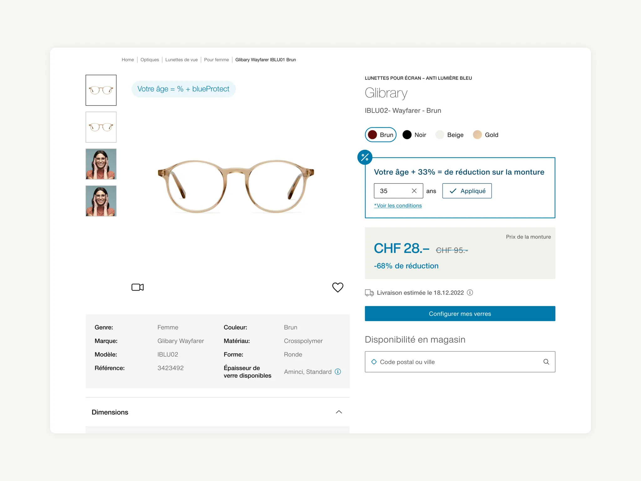 Fiche produit avec choix de coloris et réduction personnalisée selon l'âge