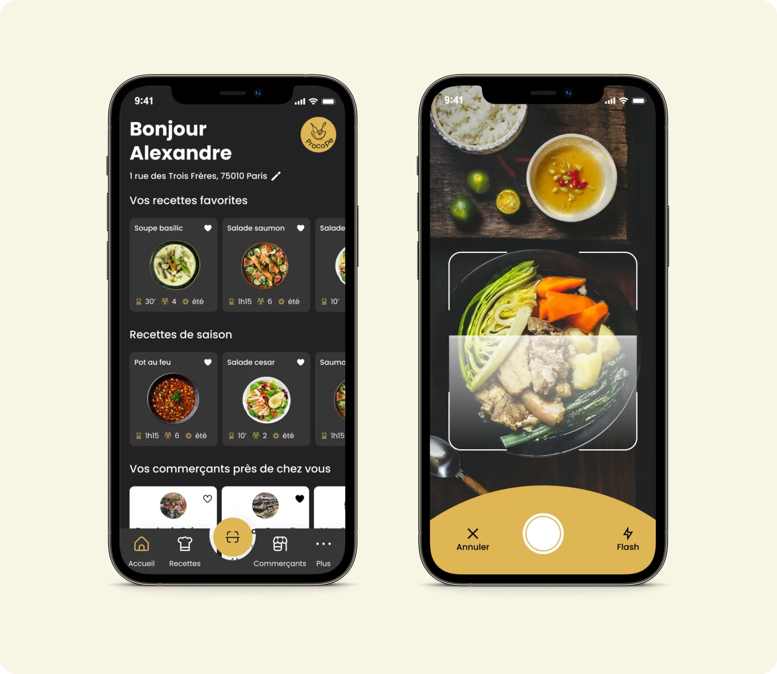 Écran d'accueil avec recettes favorites et de saison, et écran de scan d'un plat par l'appareil photo