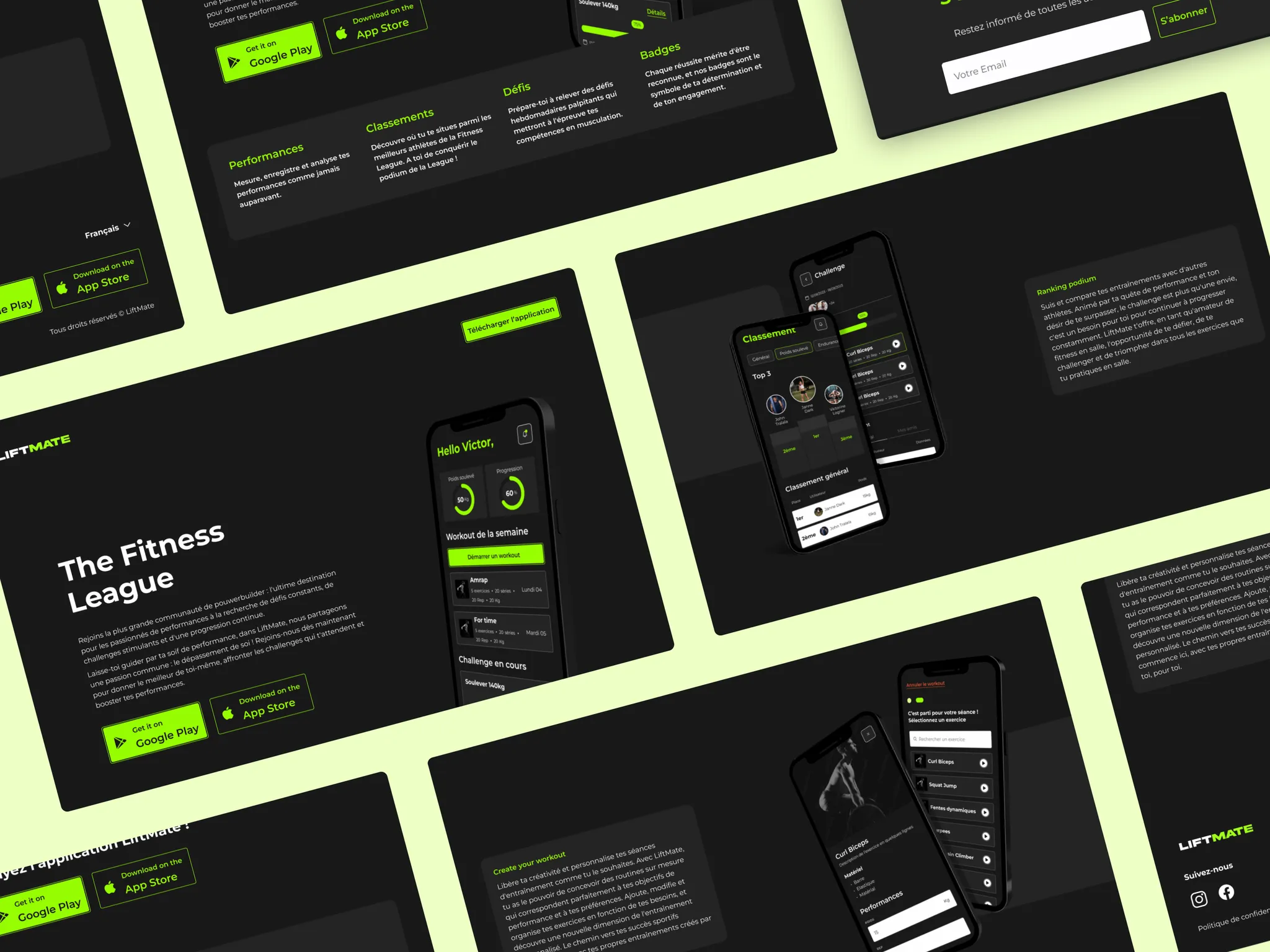 Collage d'écrans : sections de la landing page, classement des athlètes, suivi de défi et création de séance personnalisée
