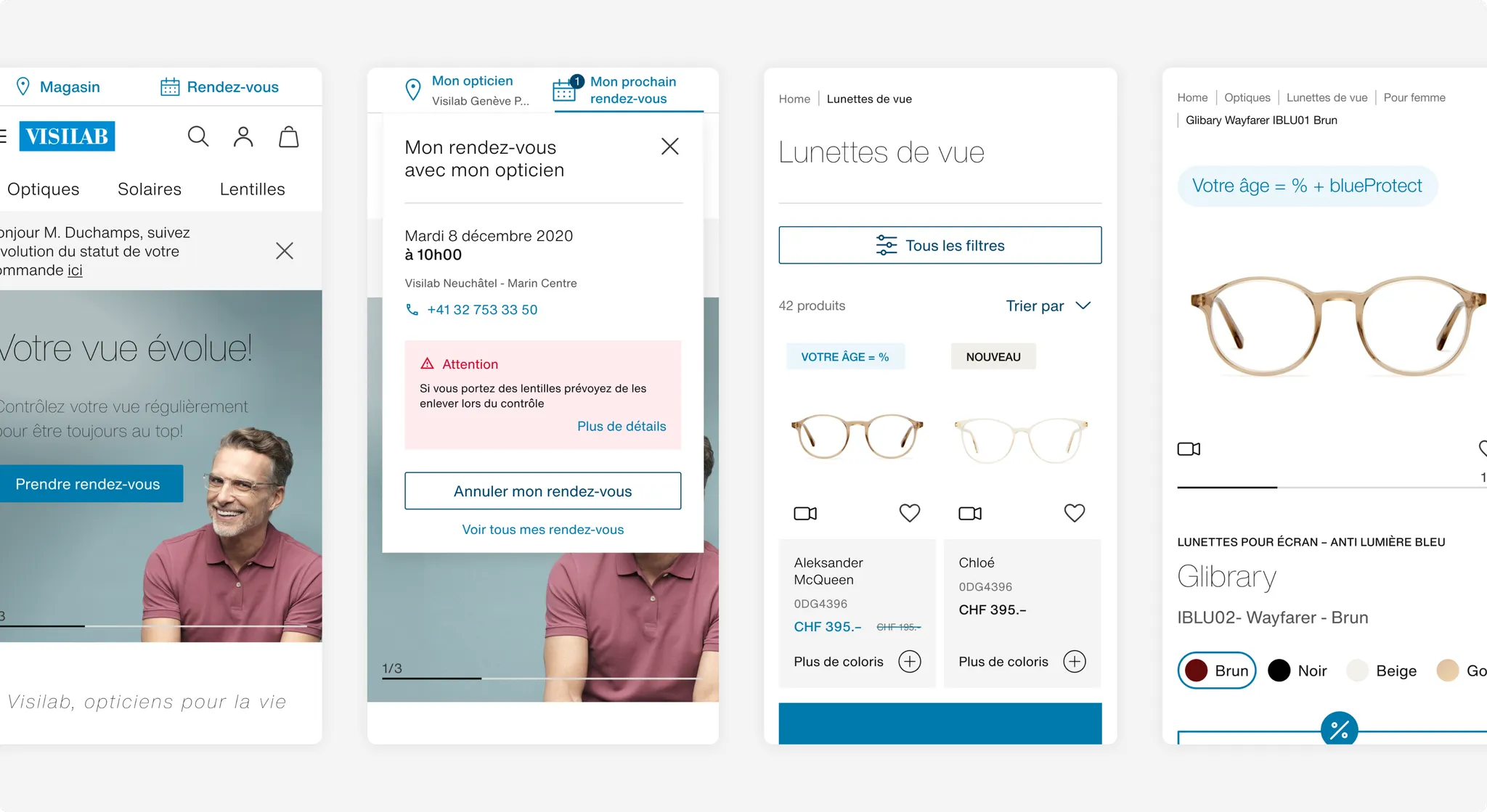 Quatre écrans mobiles : accueil, rendez-vous avec l'opticien, listing et fiche produit