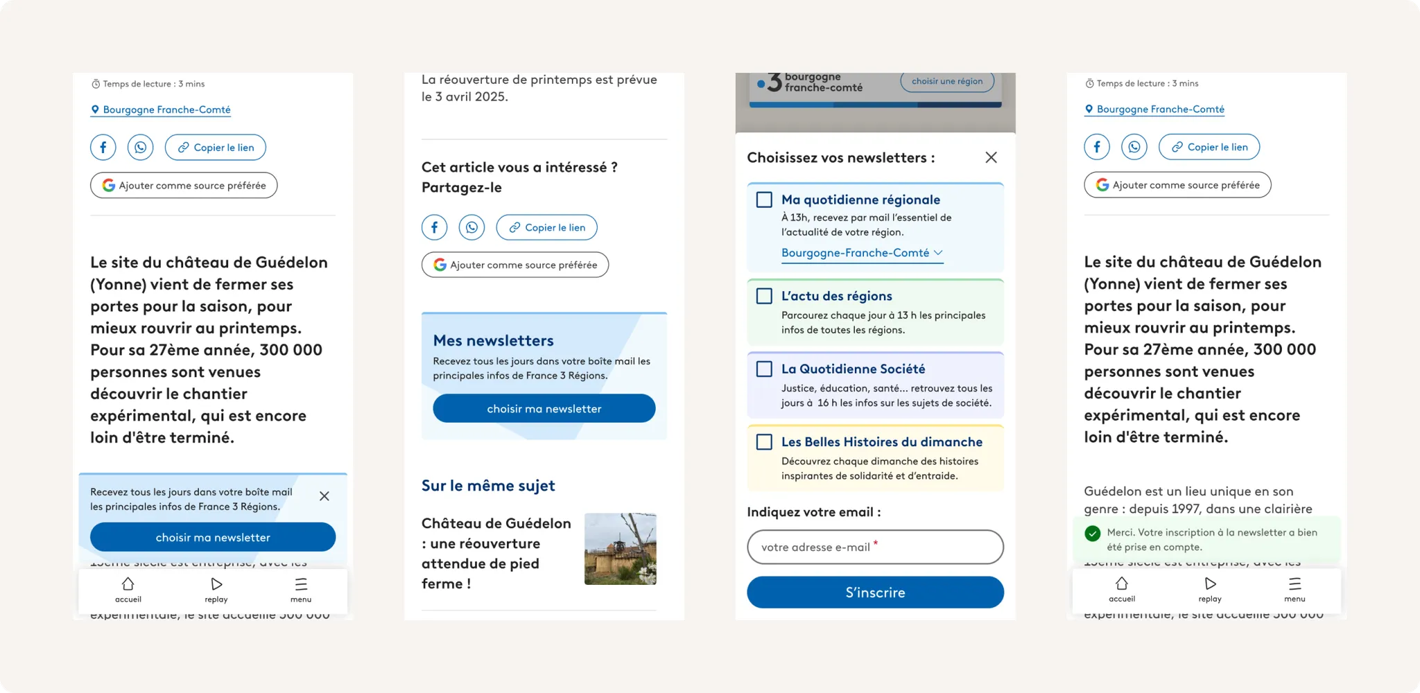 Bannière newsletter en bas d'article et pop-in de sélection de plusieurs thématiques d'abonnement