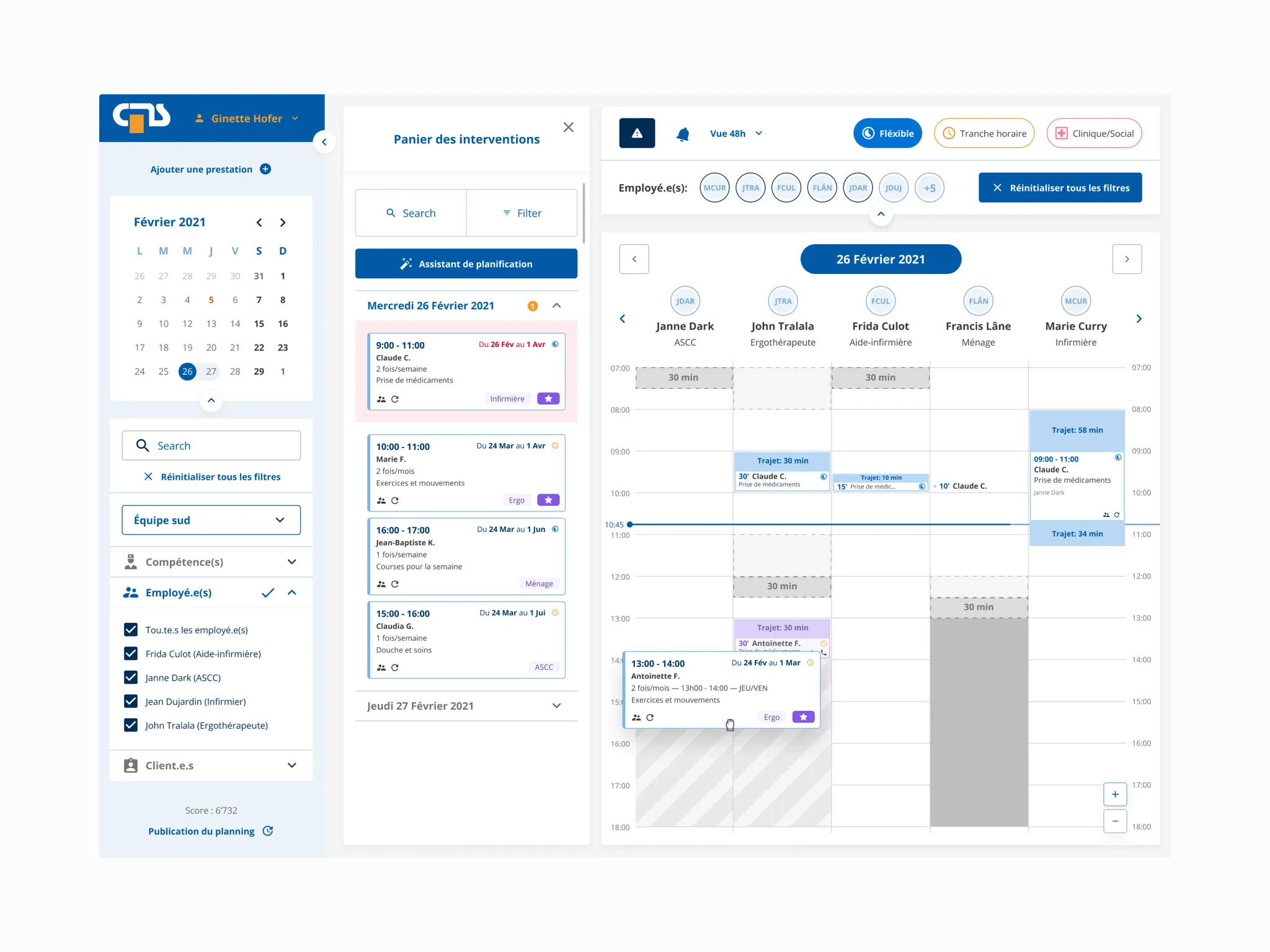 Planning avec le panneau "Panier des interventions" ouvert, listant les prestations à placer