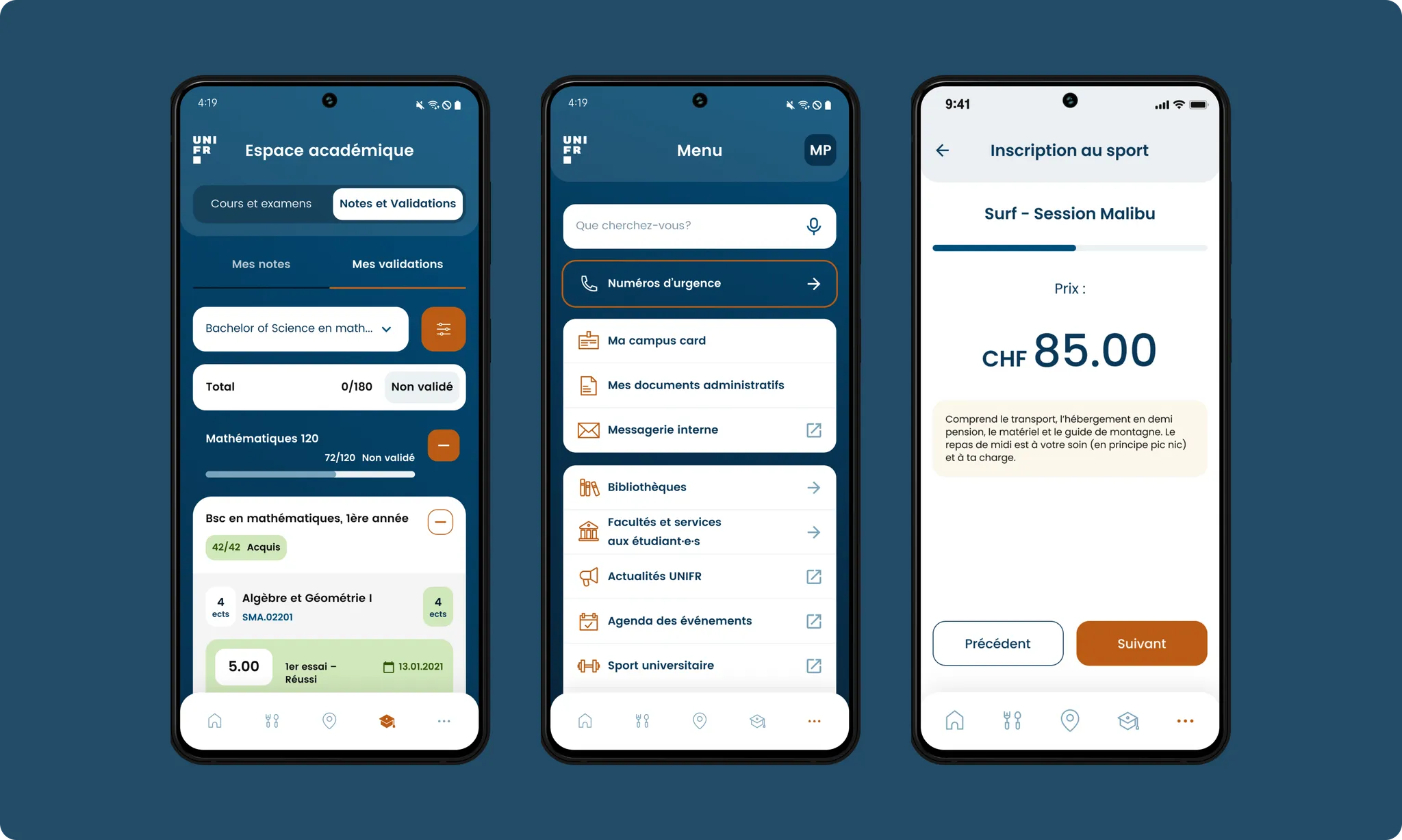 Notes et validations de l'espace académique, menu des services et inscription à une activité sportive