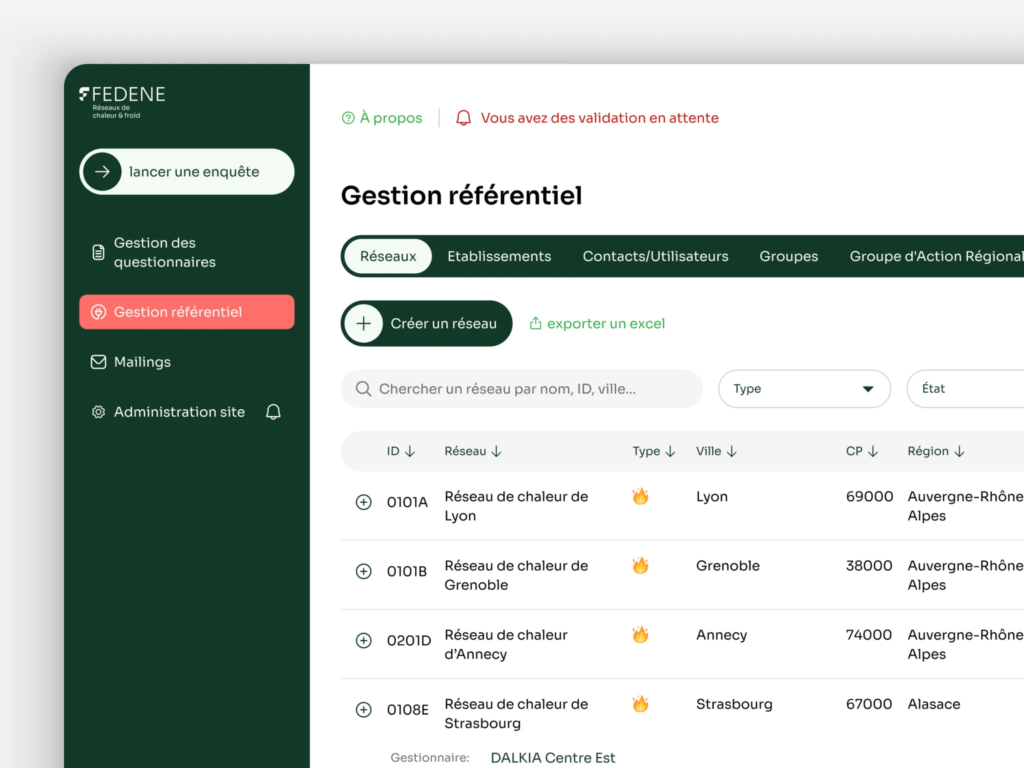 Gestion du référentiel des réseaux de chaleur, triable par ville et région