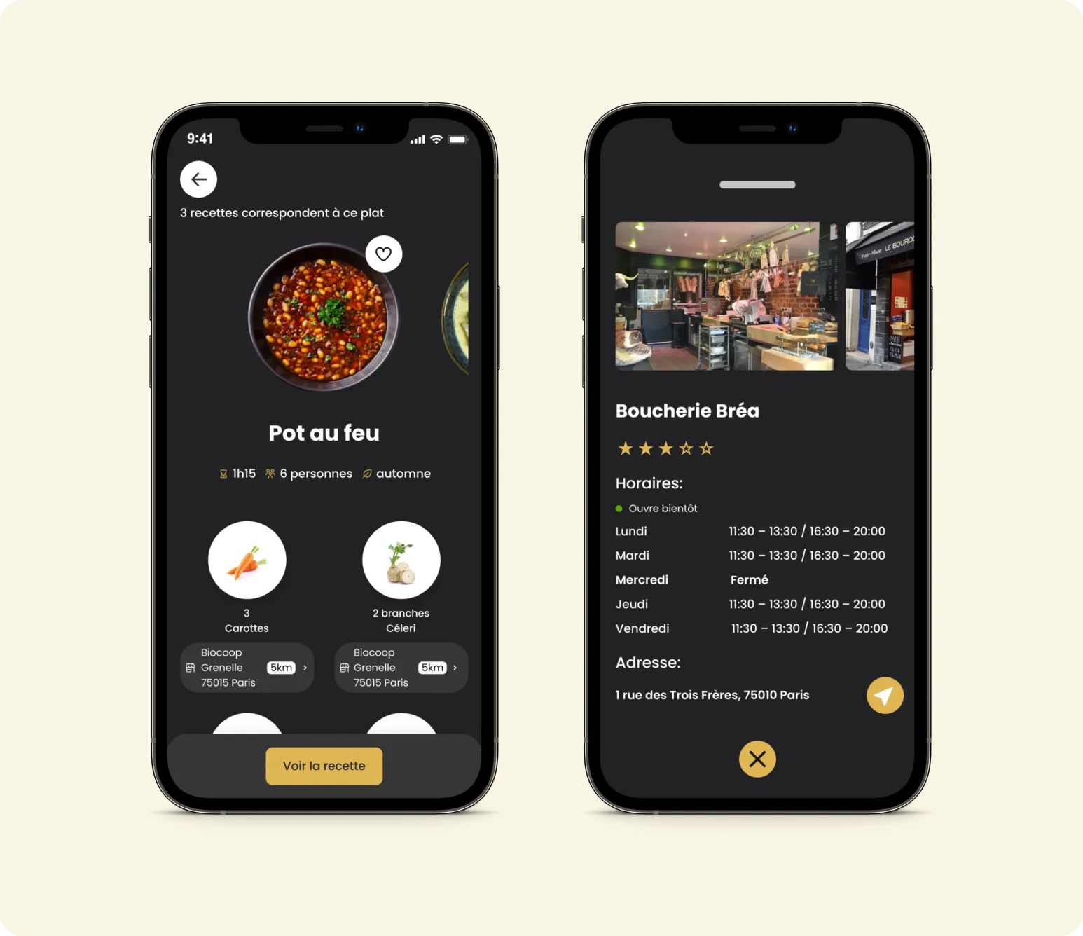 Détail d'une recette avec ingrédients et magasins à proximité, et fiche d'un commerçant partenaire