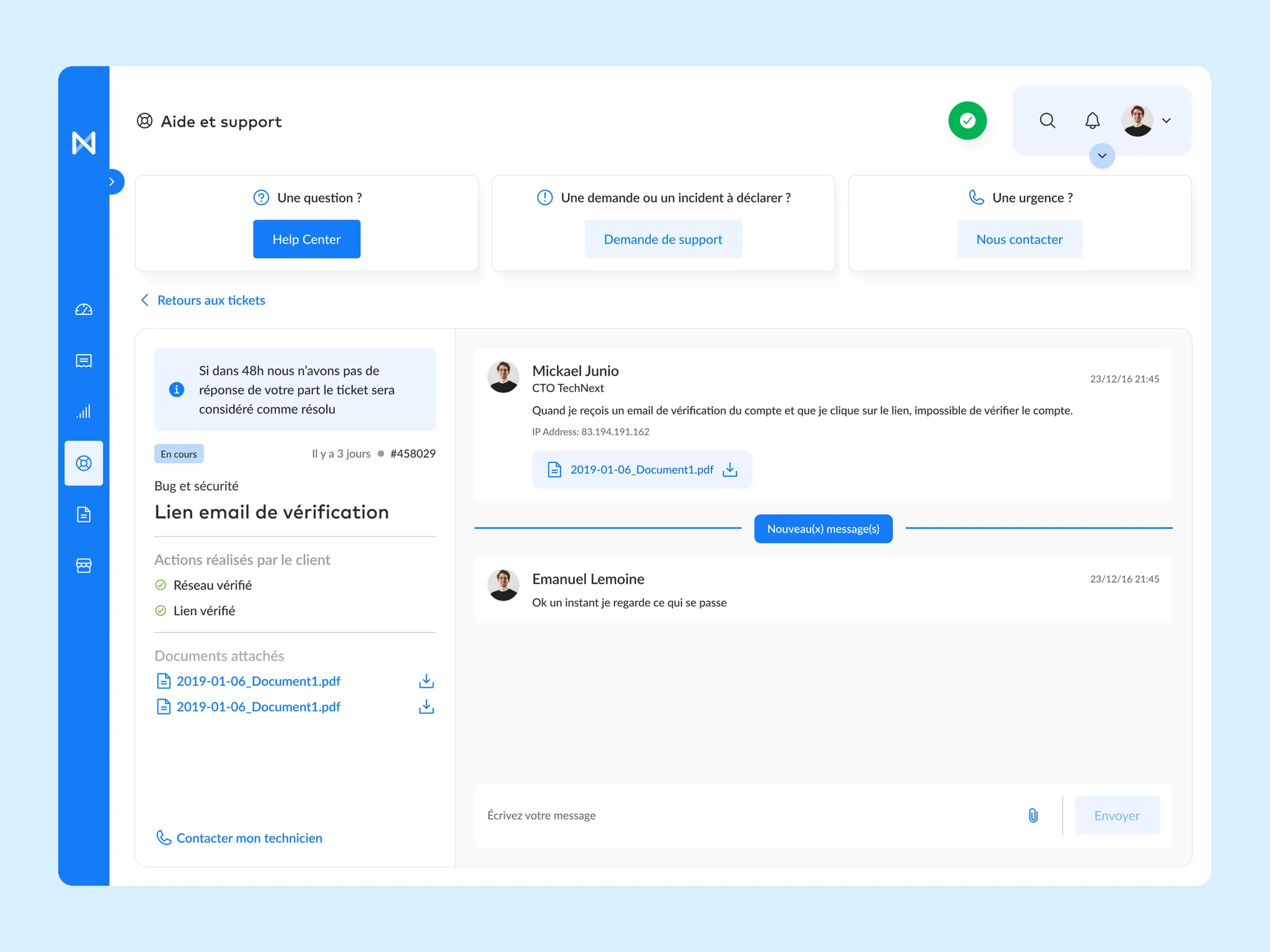 Détail d'un ticket de support avec échange de messages entre client et technicien