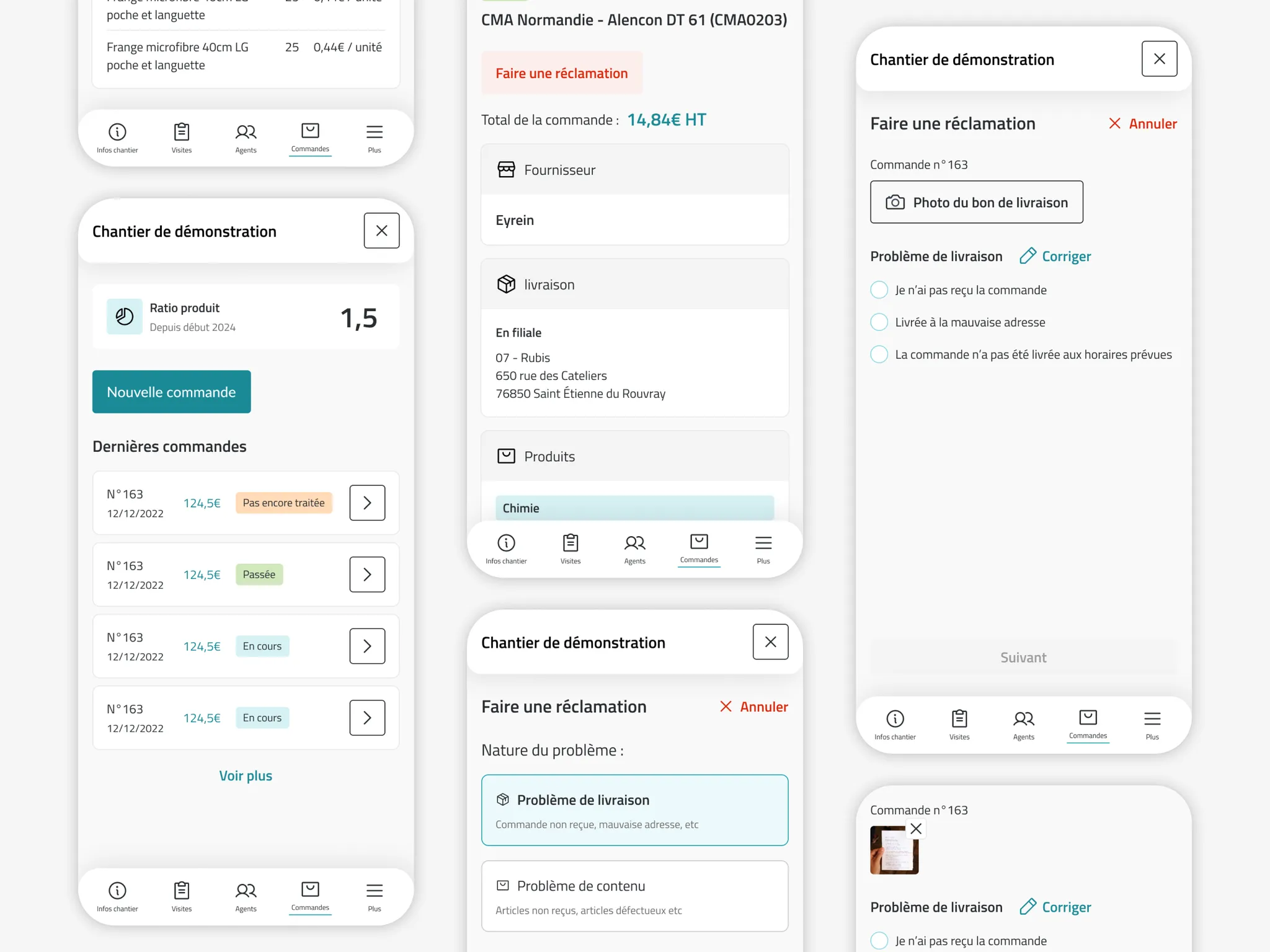 Suivi des commandes de produits et formulaire de réclamation en cas de problème de livraison