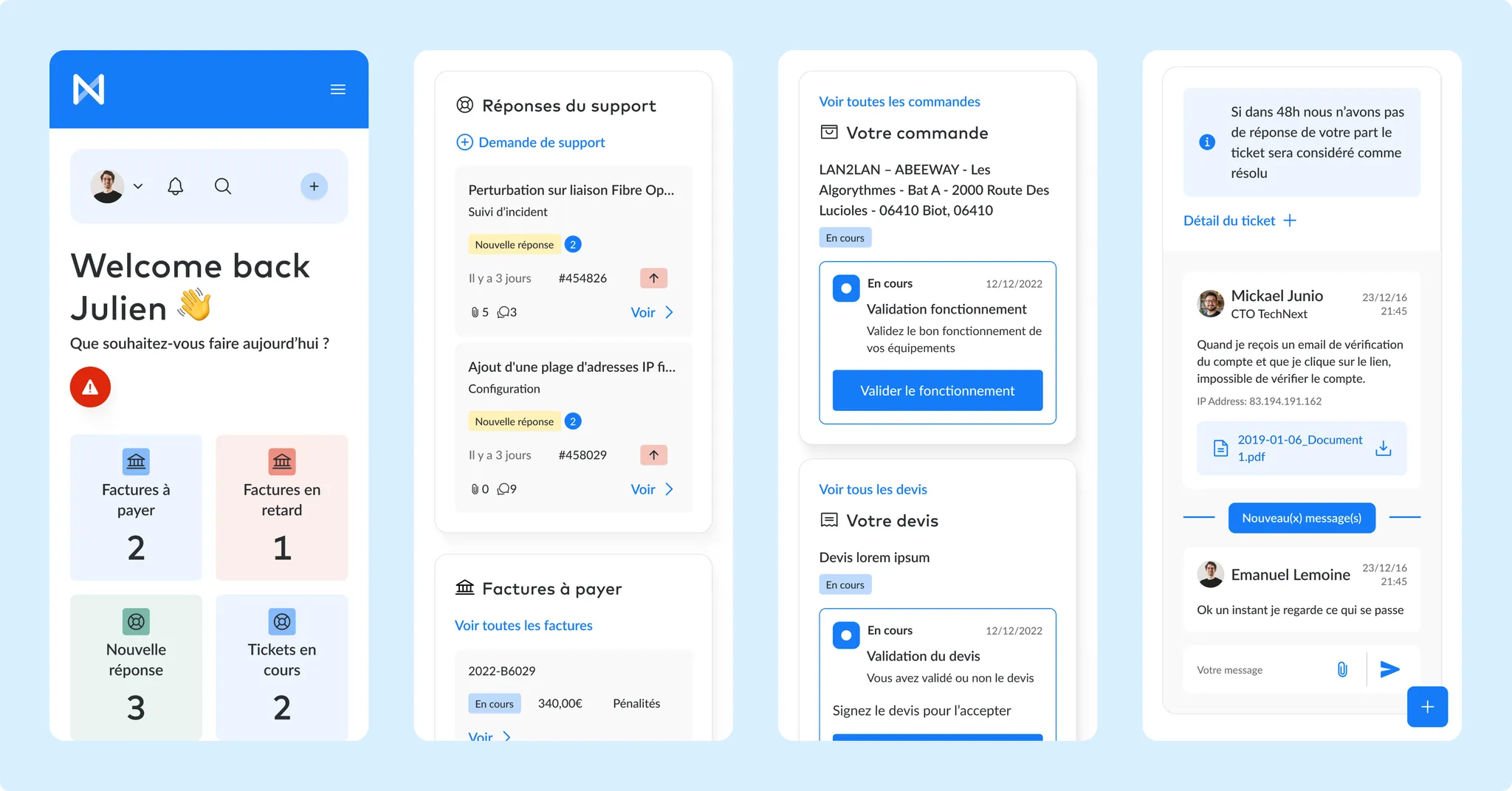 Quatre écrans mobiles : tableau de bord, réponses du support, suivi de commande/devis et conversation de ticket