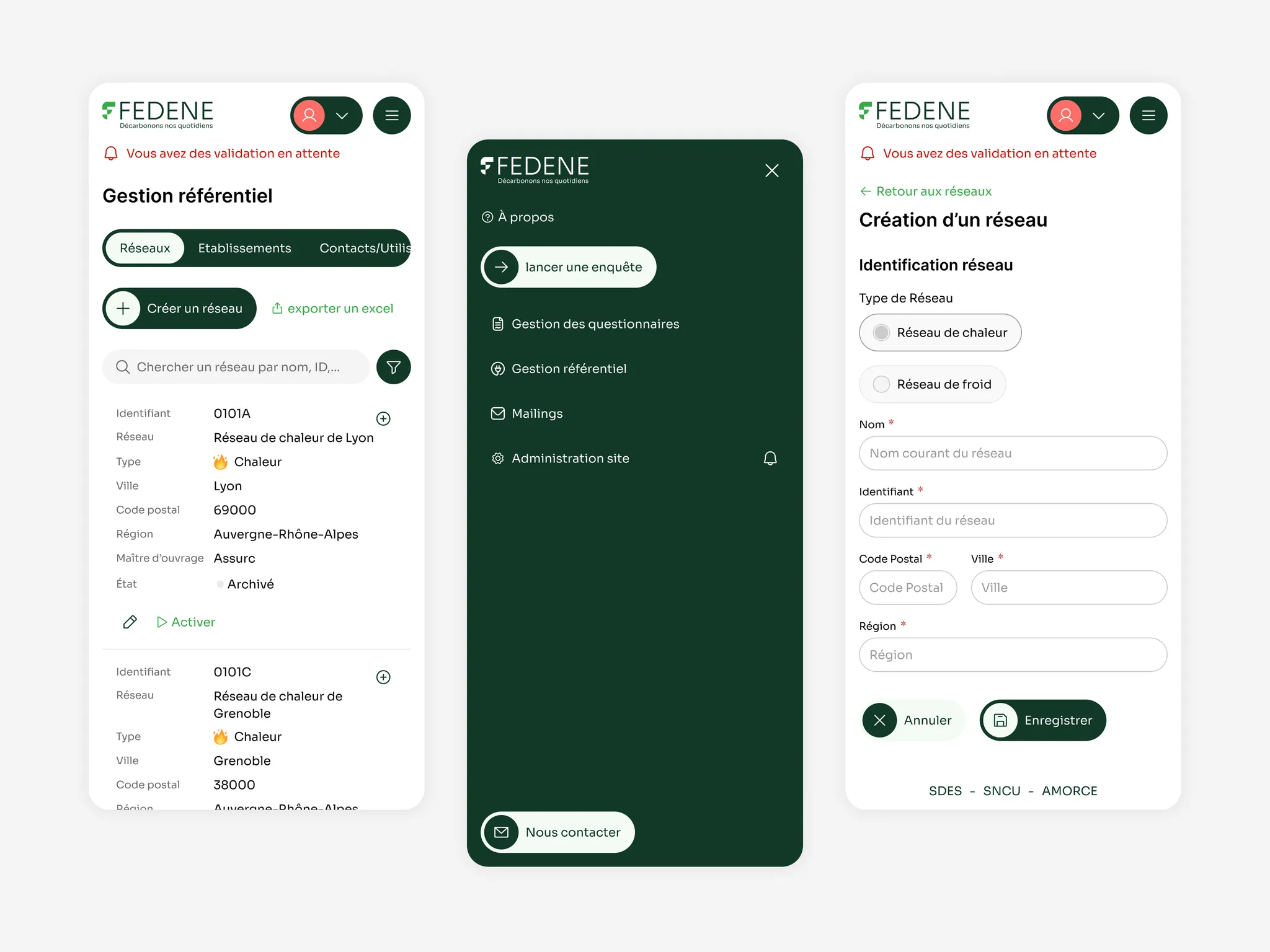 Version mobile : détail d'un réseau, menu de navigation et formulaire de création
