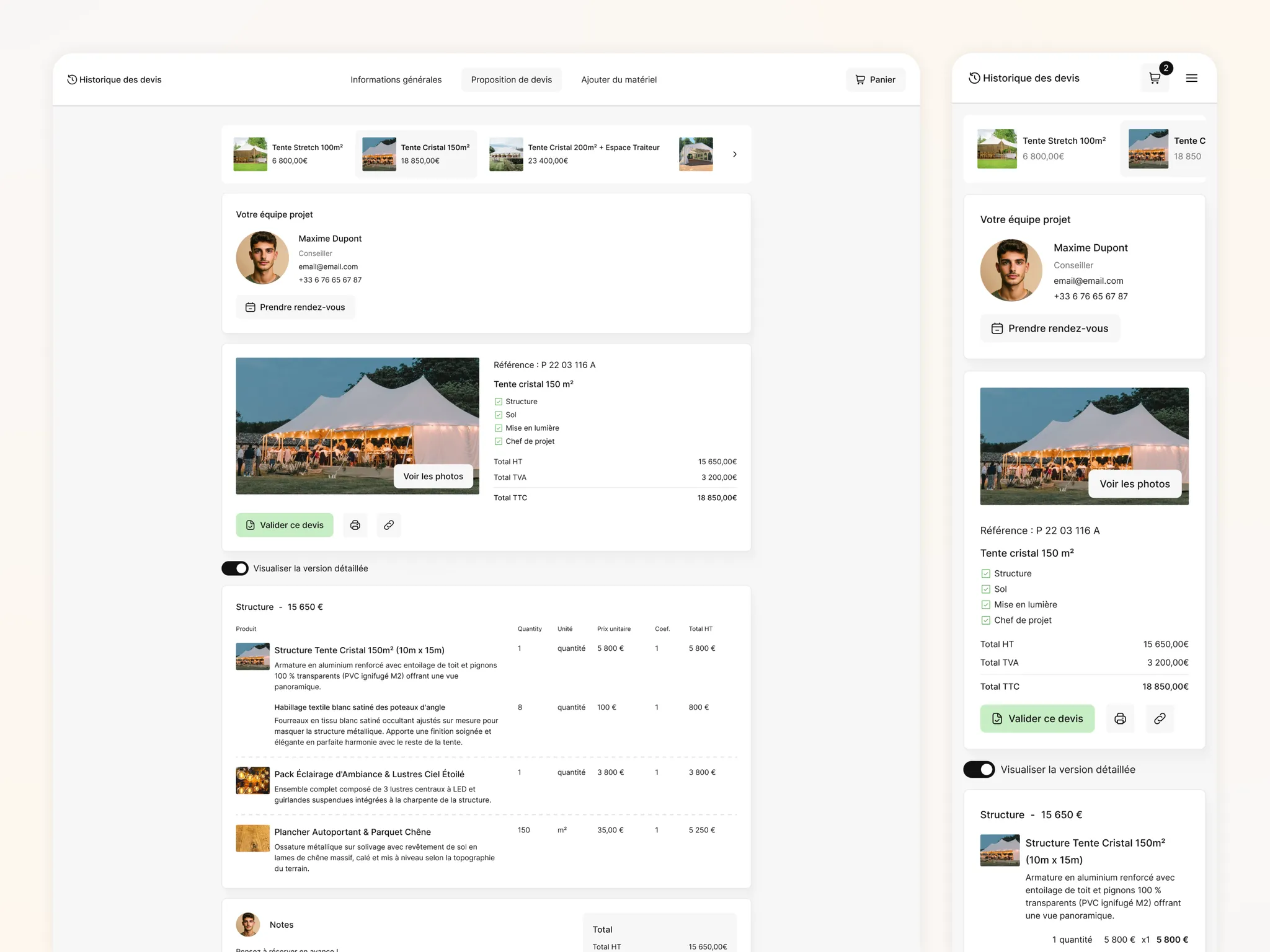 Espace client de consultation des devis, avec détail d'une tente et équipe projet, en desktop et mobile