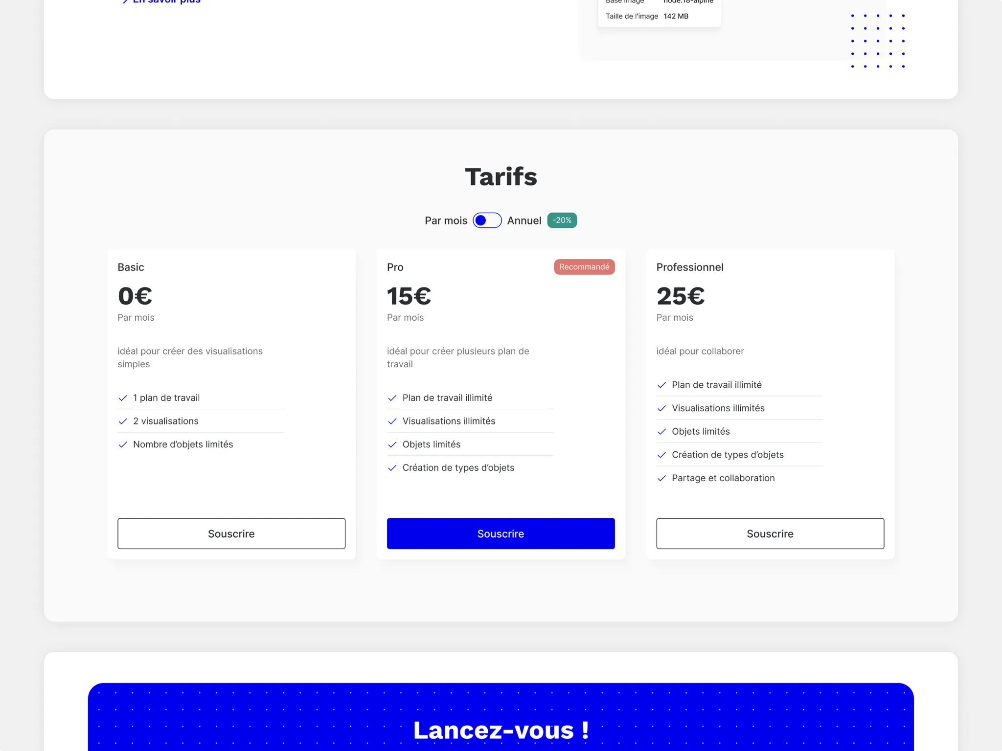 Grille tarifaire des offres Basic, Pro et Professionnel