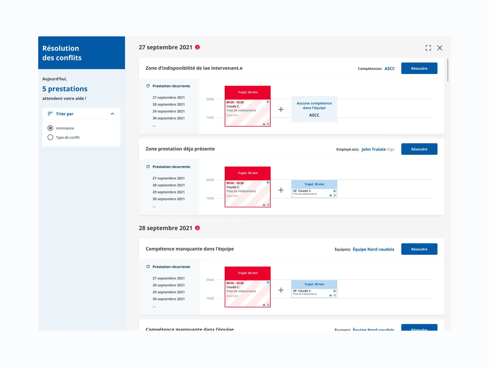 Écran de résolution des conflits de planning, classés par date et par type