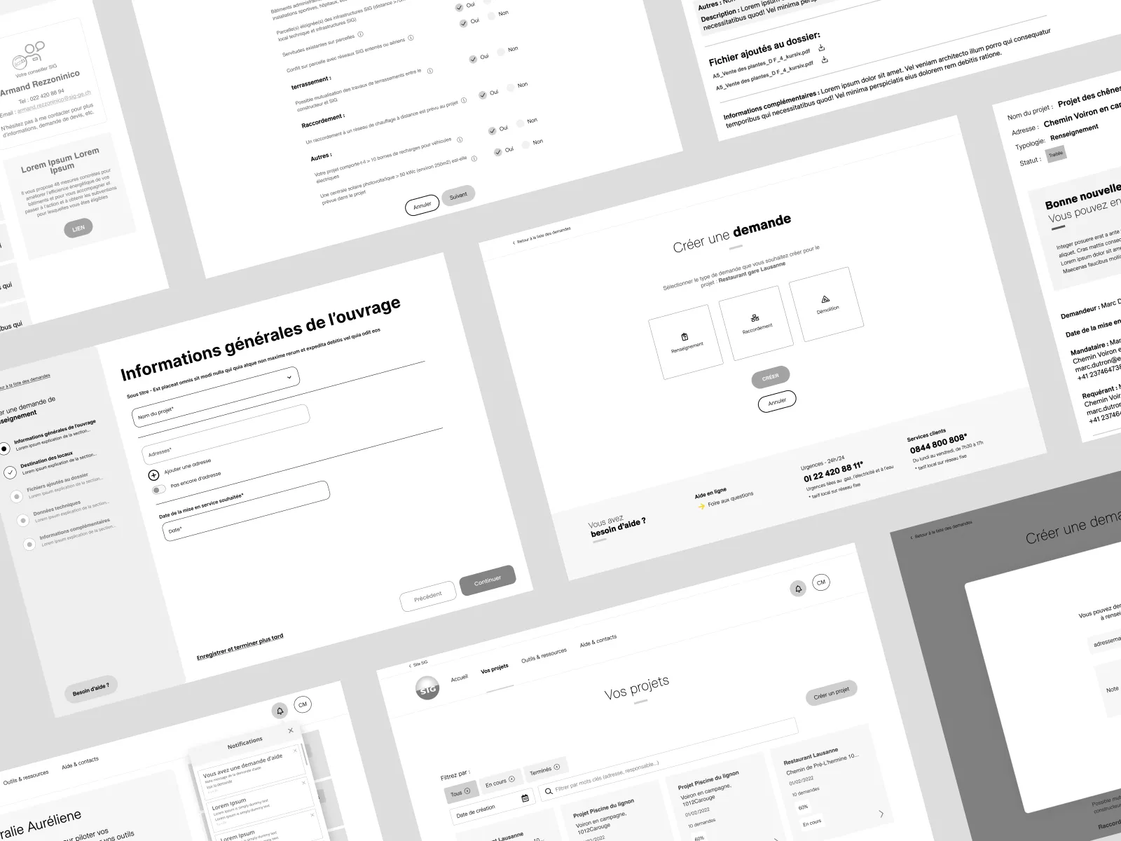 Wireframes en niveaux de gris des écrans de création et de suivi de projet
