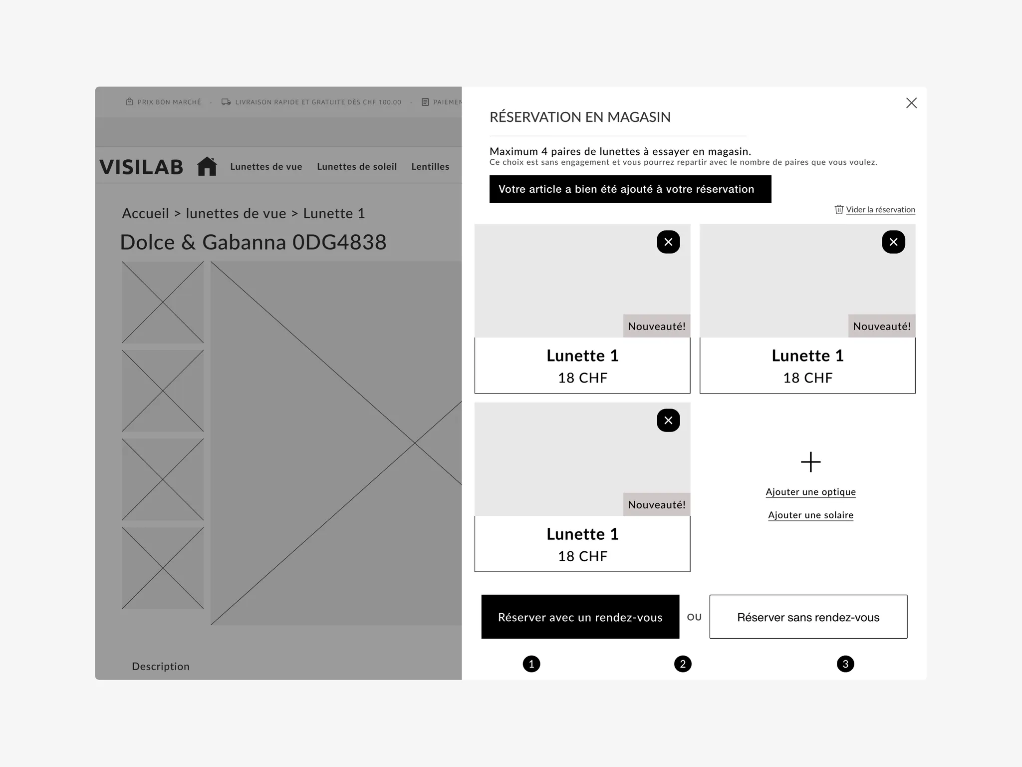 Wireframe de la réservation en magasin, avec panier des lunettes à essayer