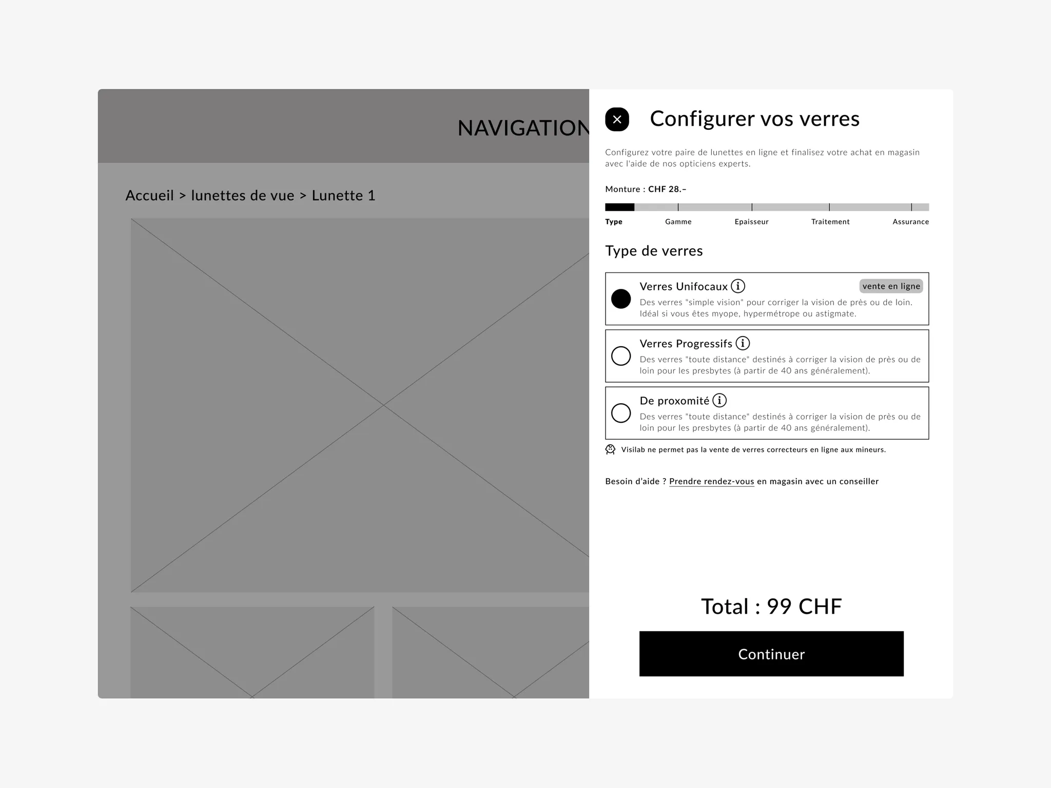 Wireframe du configurateur de verres, avec type, gamme, épaisseur et prix total