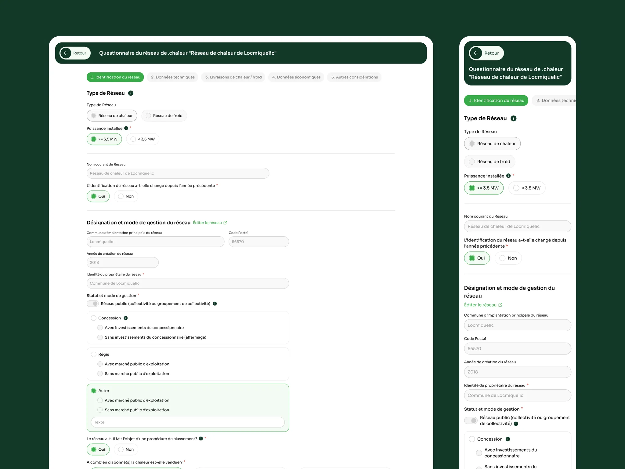 Questionnaire de déclaration d'un réseau, en version desktop et mobile