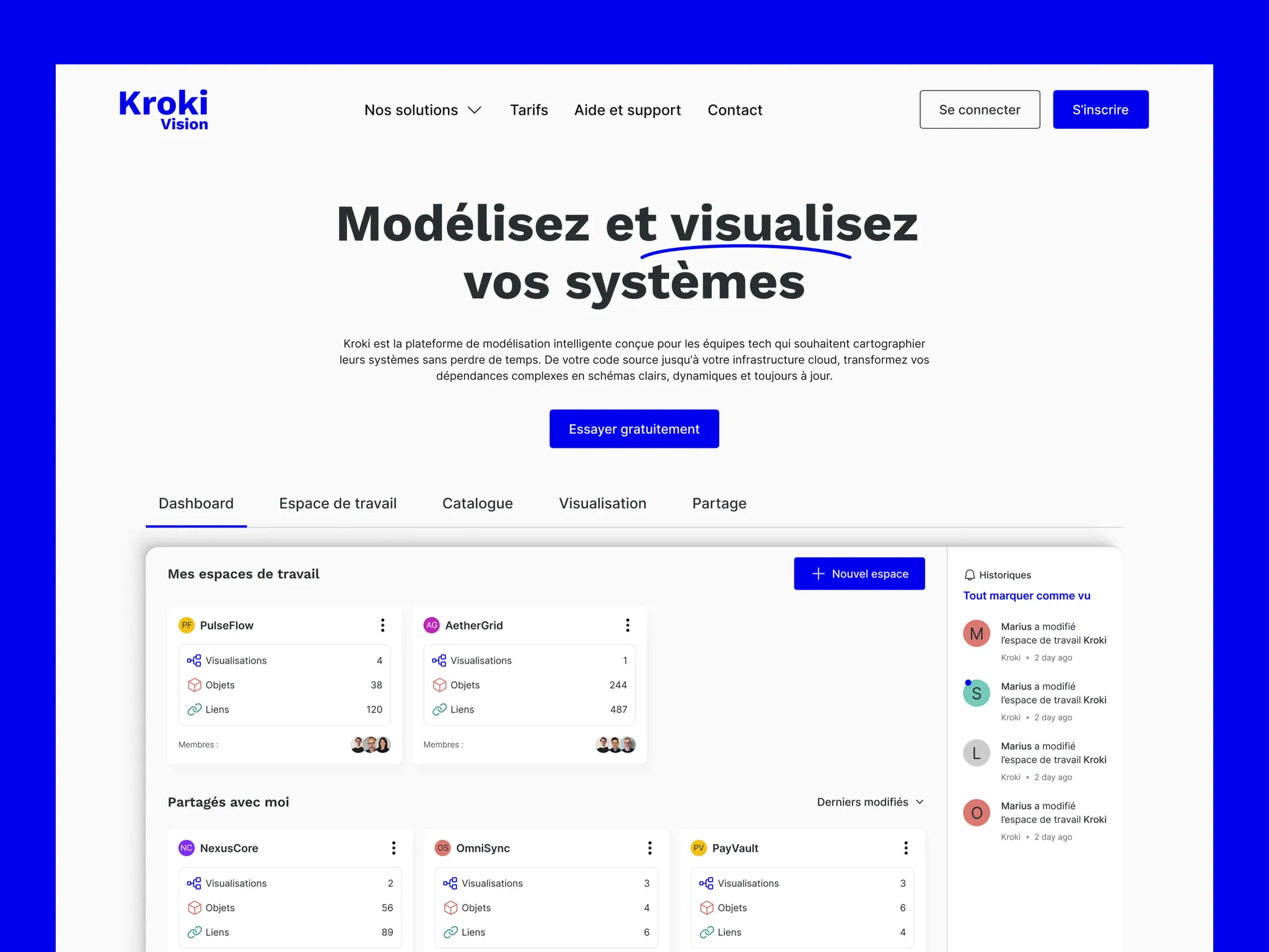 Page d'accueil avec accroche produit et aperçu du tableau de bord