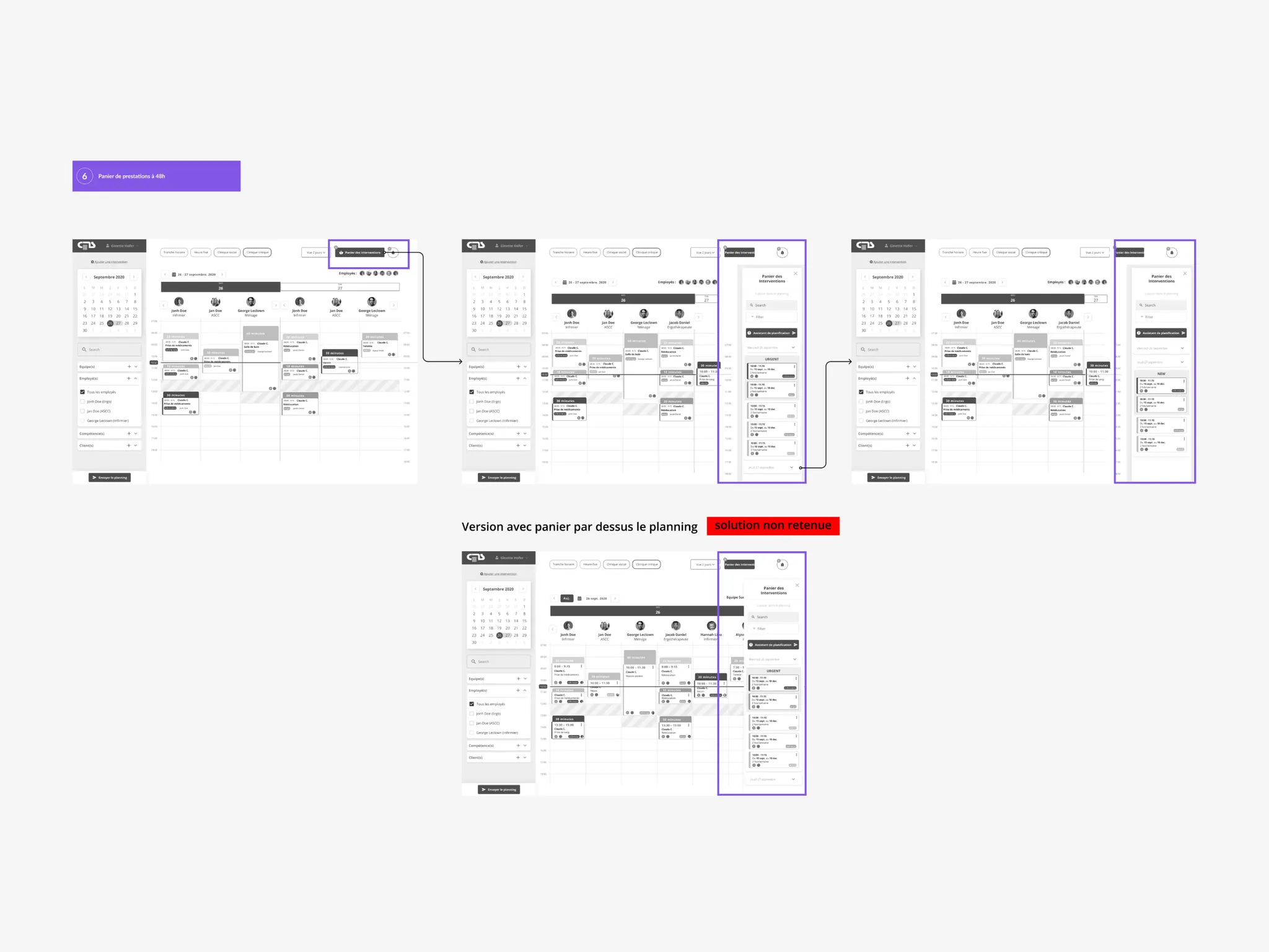 Exploration de wireframes pour le placement du panier des interventions, dont une variante écartée